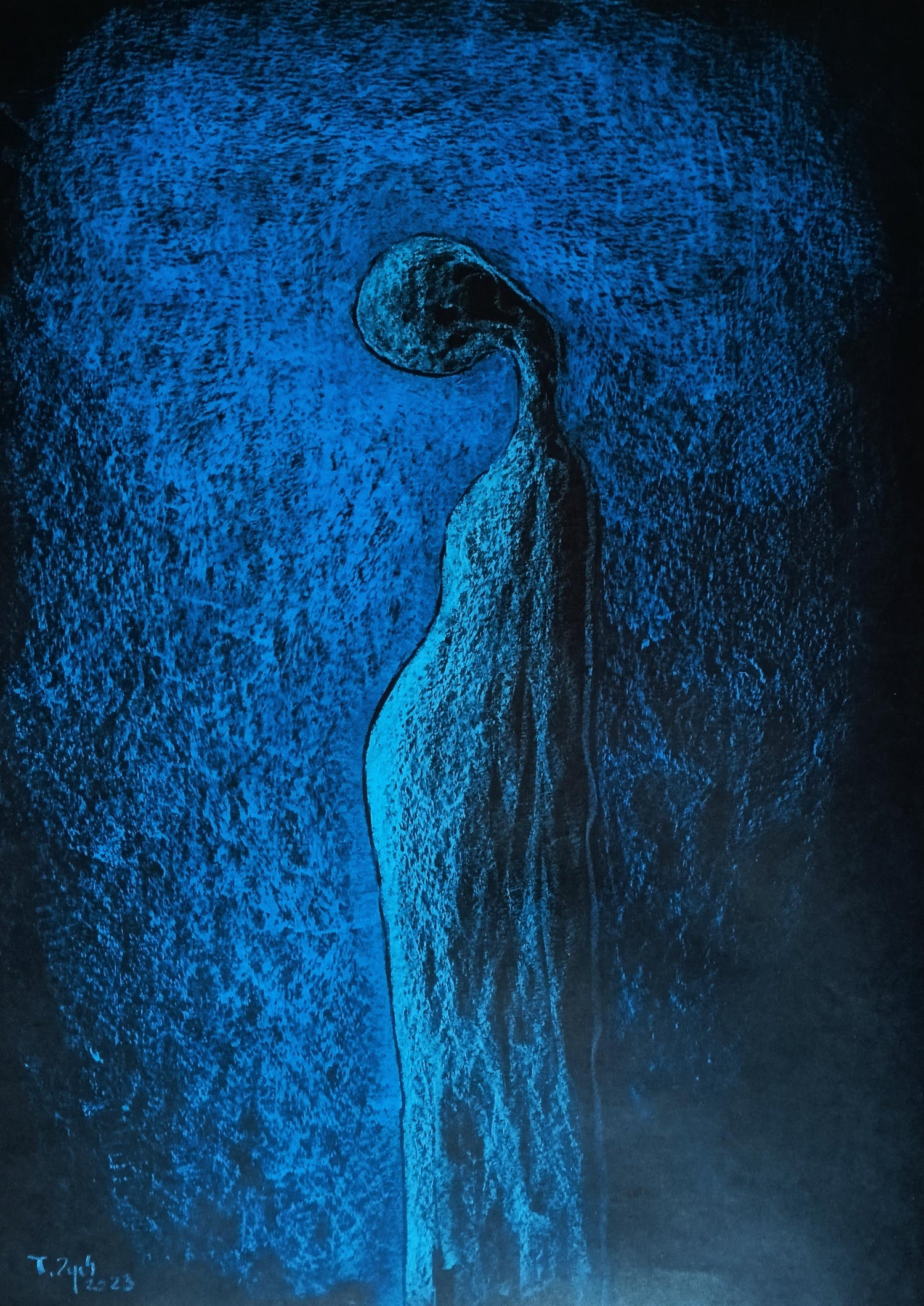 Abstract Expressionist Blue Pastel Drawing Mid Century Modern WPA Jewish Artist