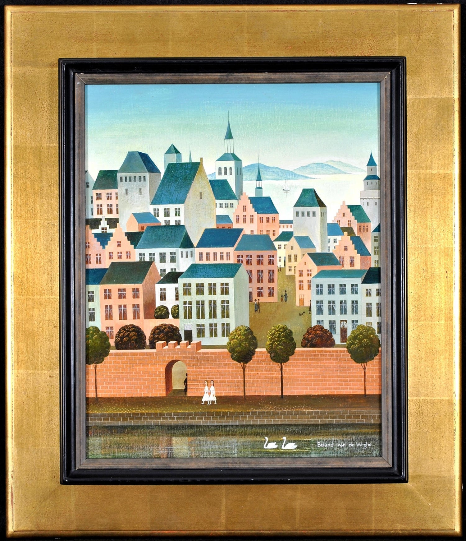 Large Surrealist French Japanese European Cityscape Oil painting Foussa Itaya