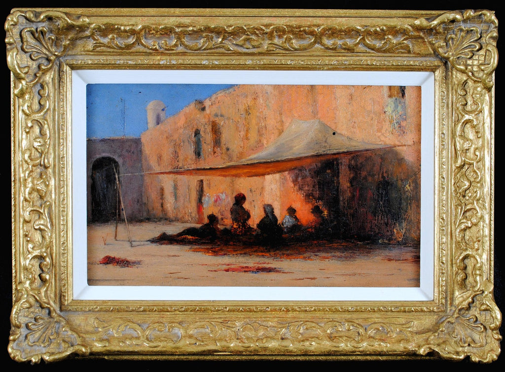 Large Orientalist Arab Oil Painting Merchants at the Bazaar Souq Jalal Gharbi