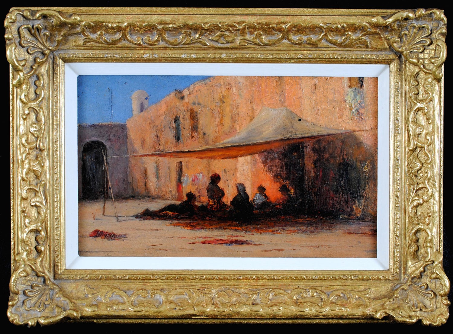 Large Orientalist Arab Oil Painting Merchants at the Bazaar Souq Jalal Gharbi