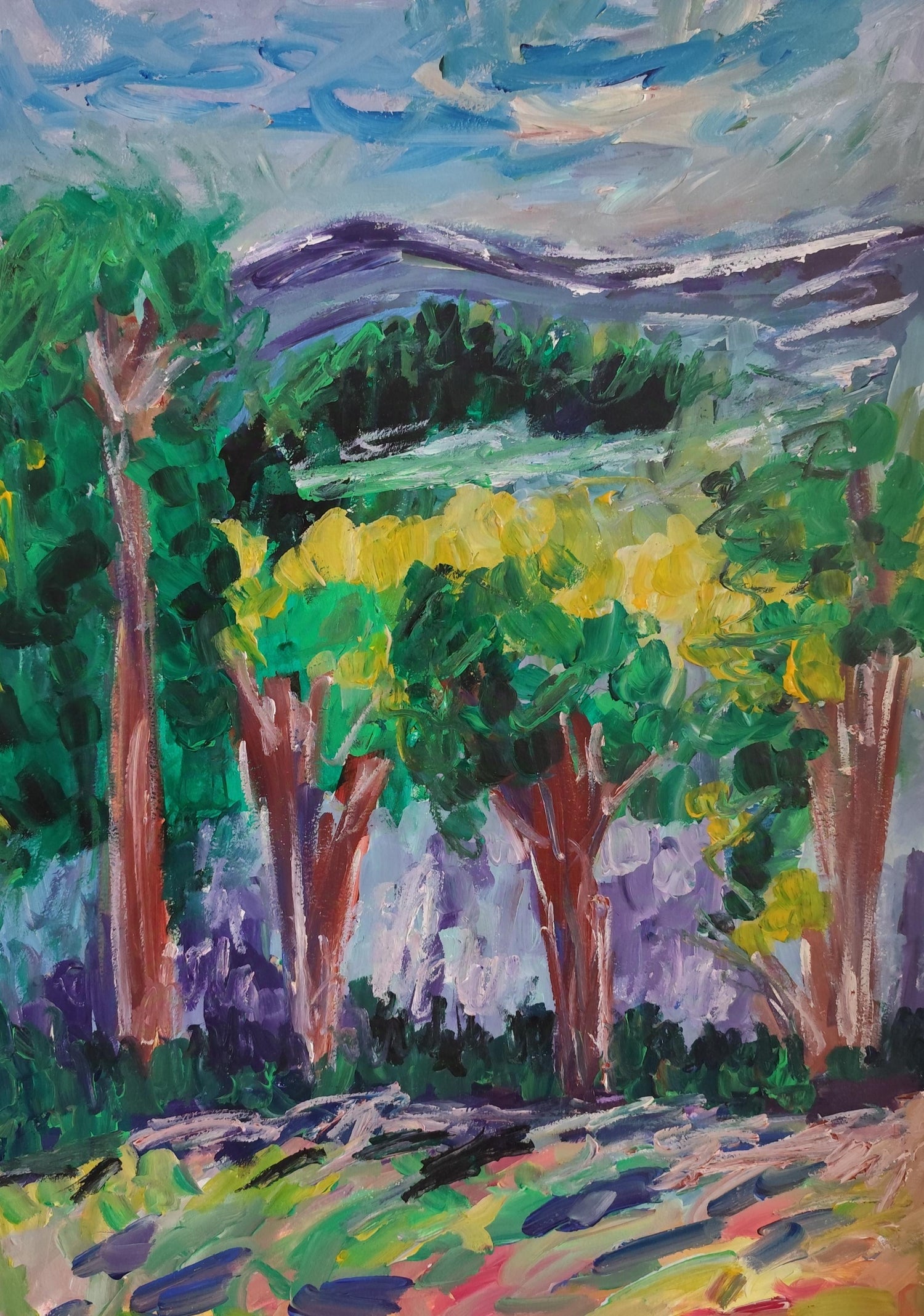 Large Monotype Monoprint Print Scenic Lake Landscape Susan Hall Woman Artist