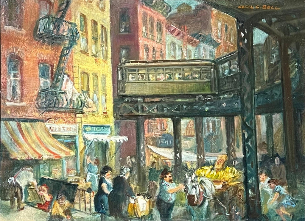 Modernist Oil Painting George Schwacha Brooklyn Street Scene Fruit Market WPA