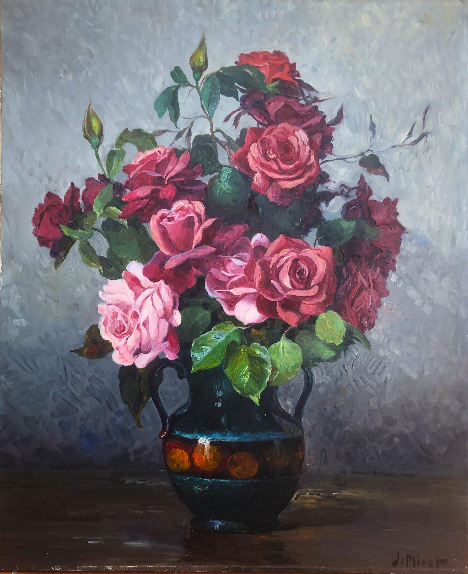 Large Post Impressionist Oil Painting Jean Chaleye, Rose Bouquet Findlay Gallery