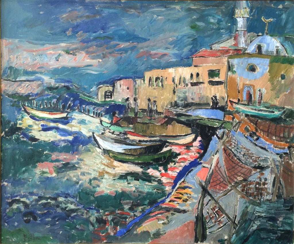 Mid Century Modernist Israeli 'Sabra in Haifa' Landscape Harbor Oil Painting