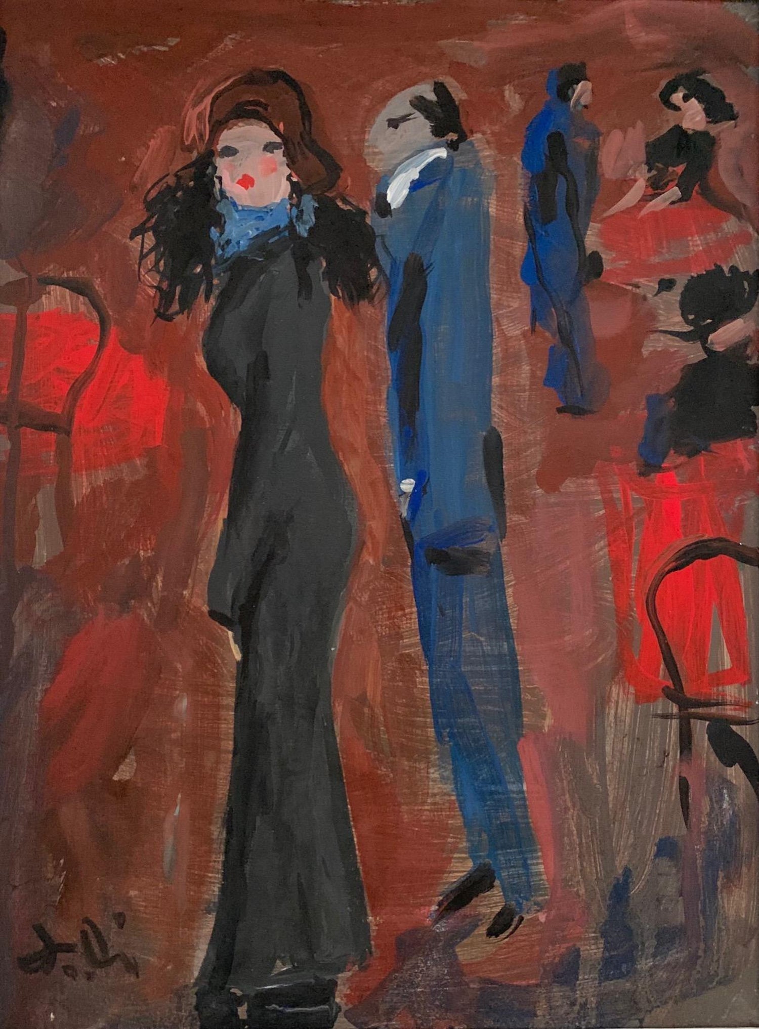 El Balcon, Courting Couple Mexican Modernist Oil Painting
