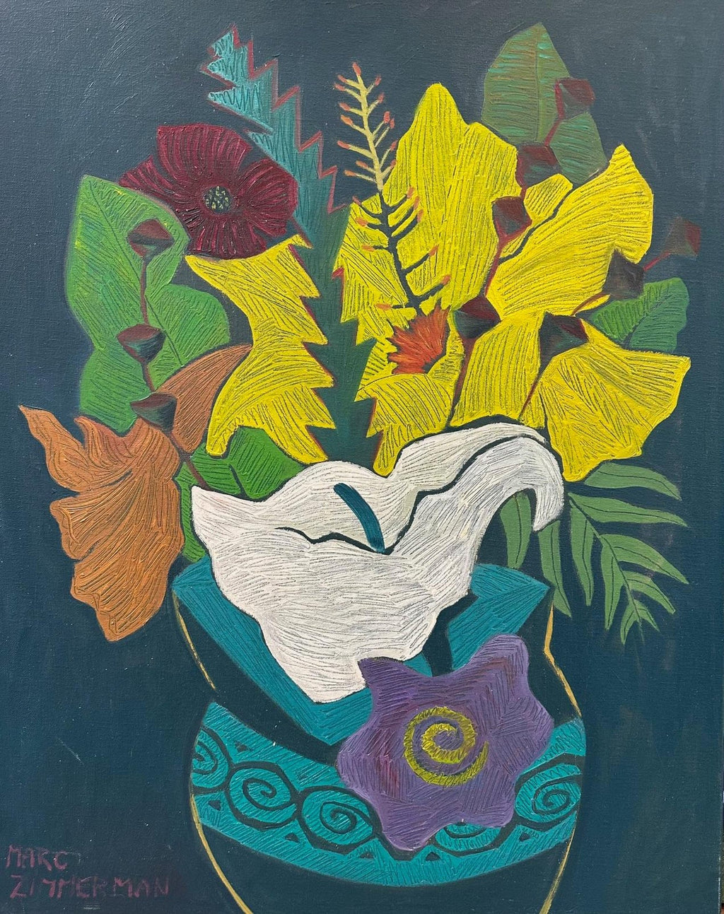 American Modernist Oil Painting Expressionist Vase, Flowers WPA Artist Ben ZIon