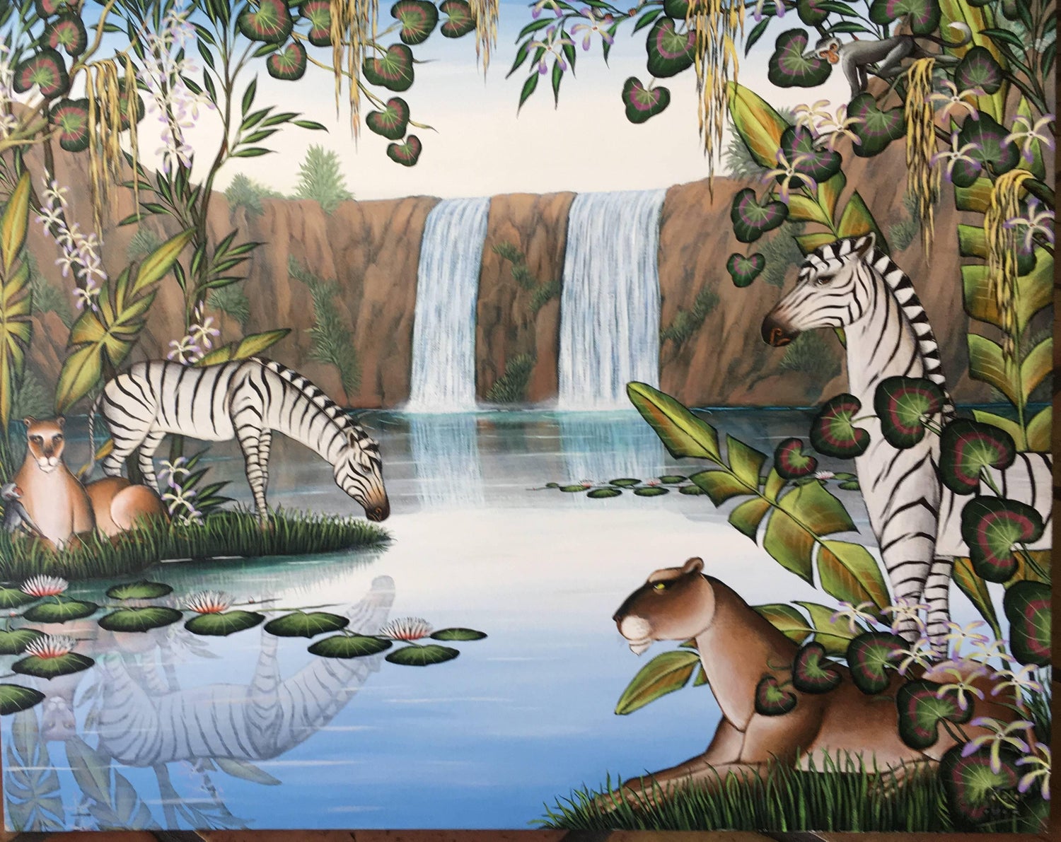 "Waterfalls" Lions, Zebras Tropical Jungle Painting Gustavo Novoa