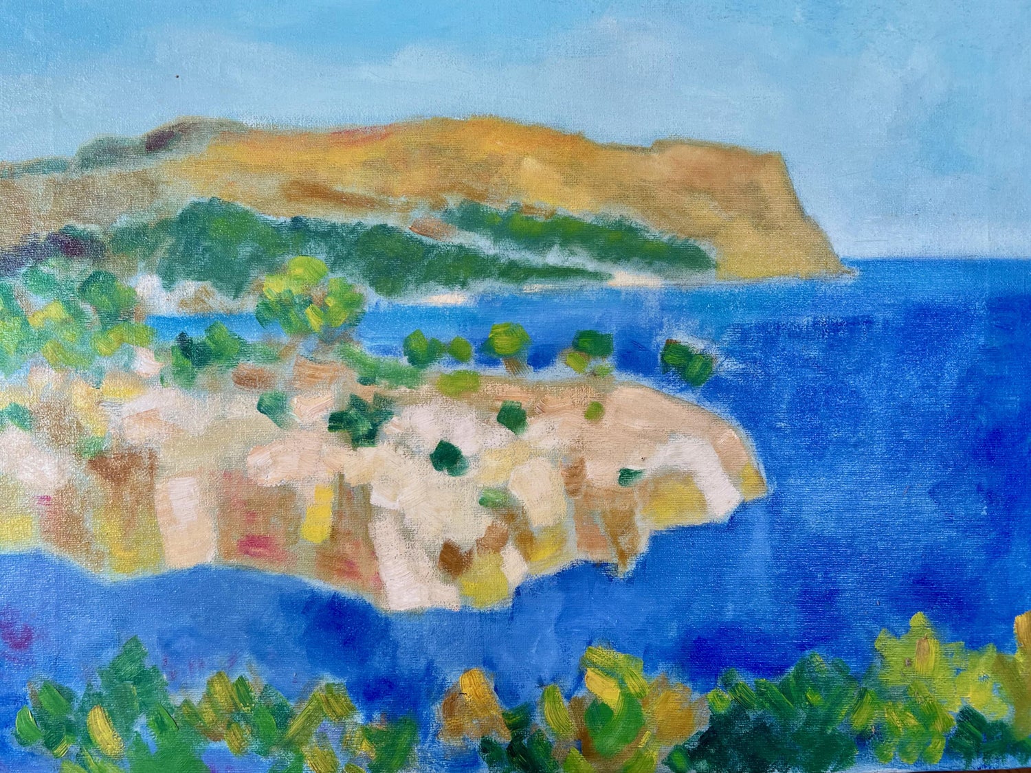 Modernist Impasto Painting Mountain with Ocean Landscape J. James Akston