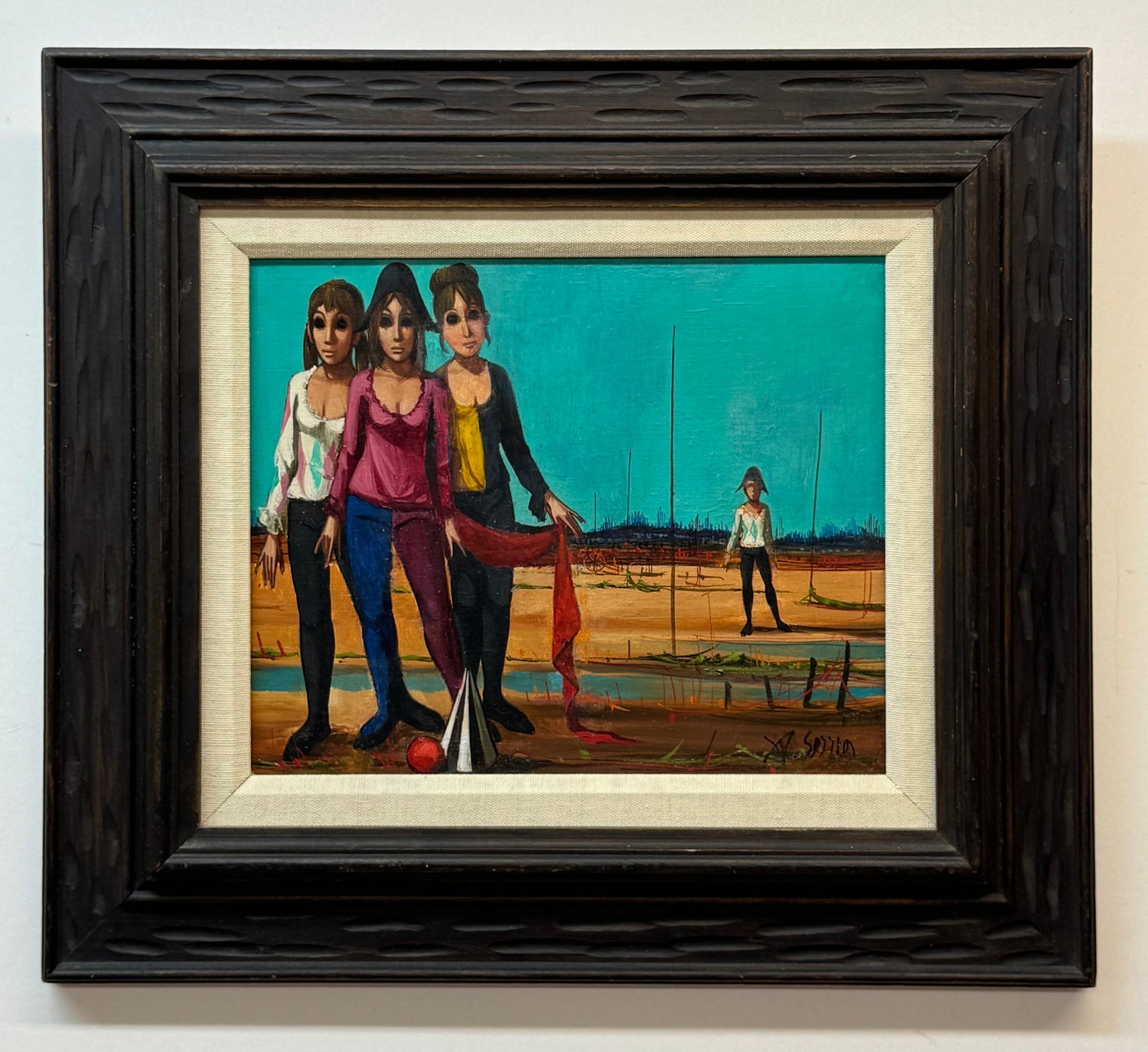 French Mod Surrealist Commedia dell'arte Circus Scene Oil Painting J.P. Serrier