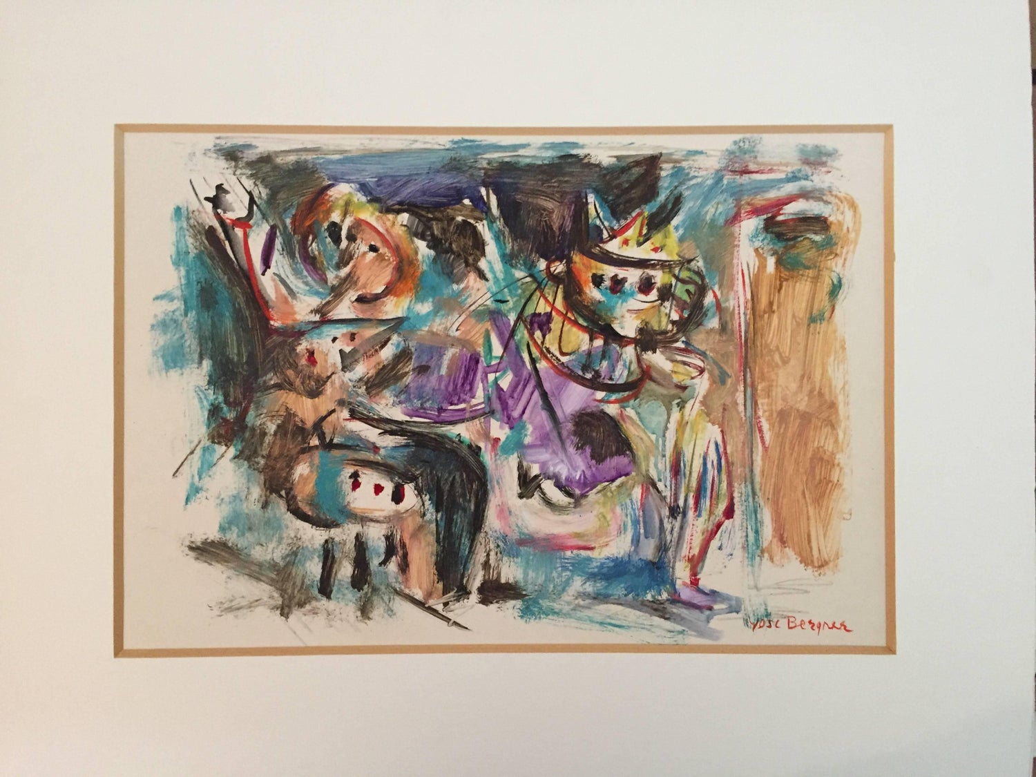 Rare Israeli Modernist Figurative Abstract Gouache Painting Yosl Bergner