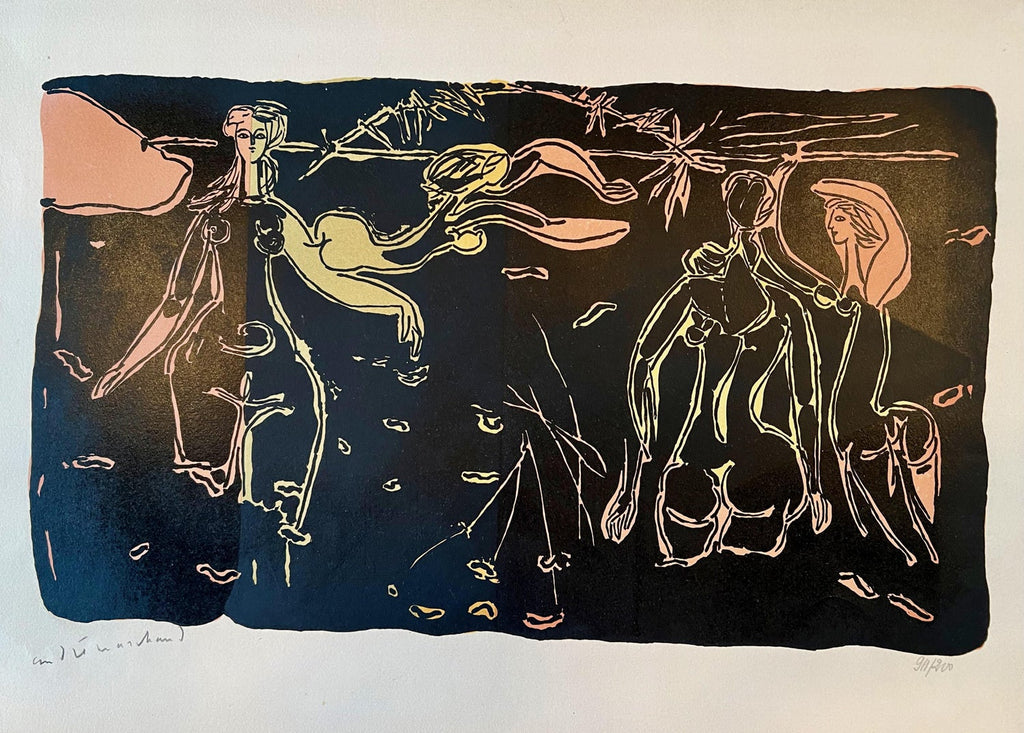 Al Quattro Large Surrealist Modernist Lithograph Embracing Couple