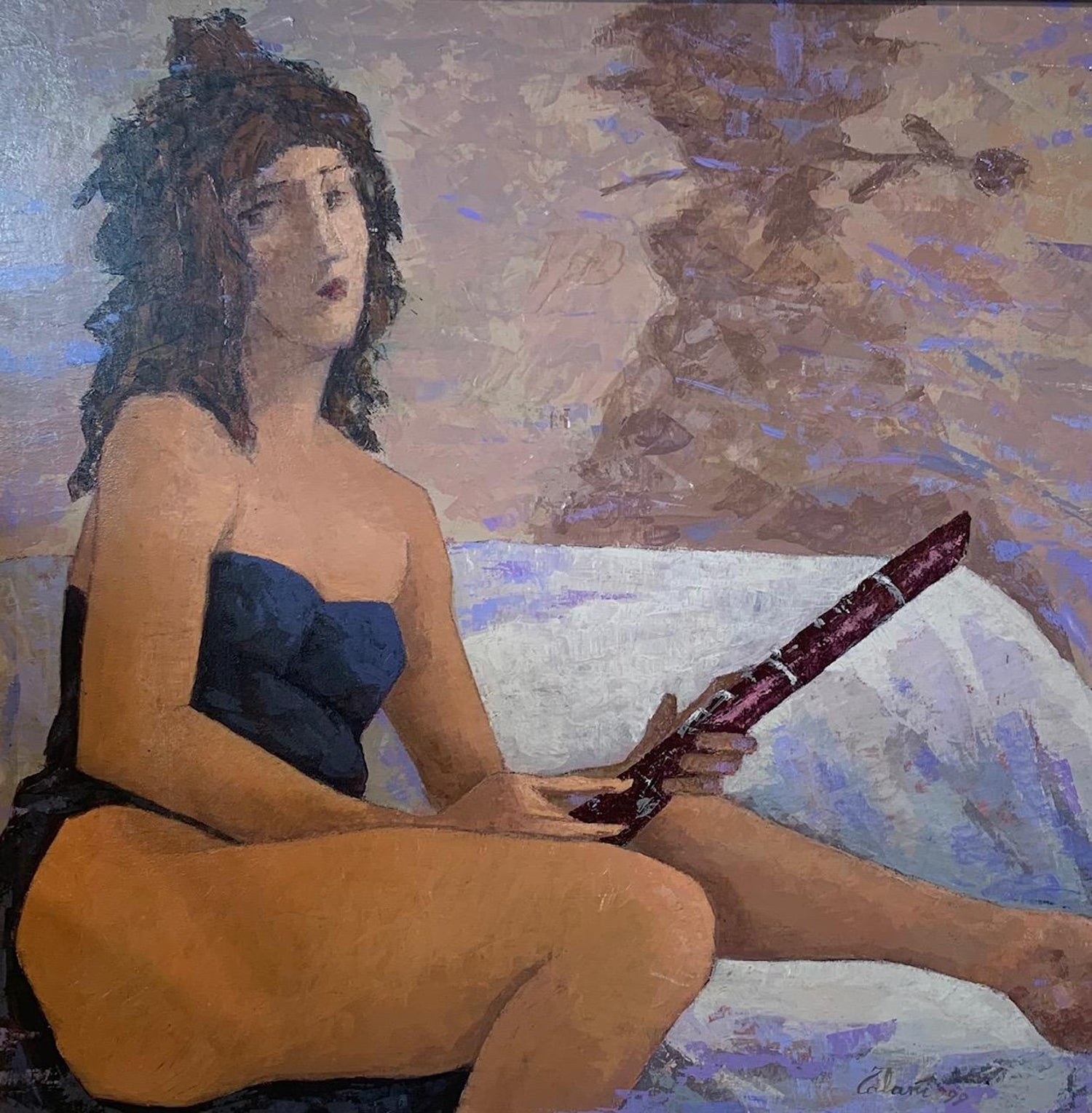 1947 Expressionist Oil Painting Flute Player Musician Boris Deutsch WPA Artist