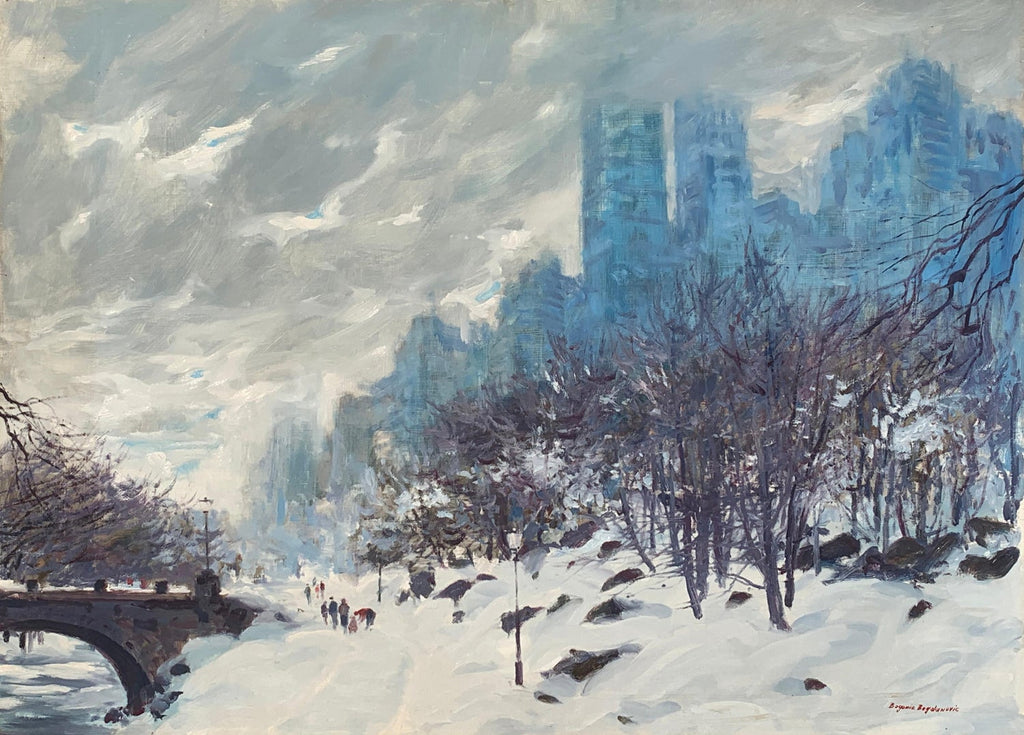 Large Oil Painting Central Park in Winter Robert Sarsony New York City in Snow