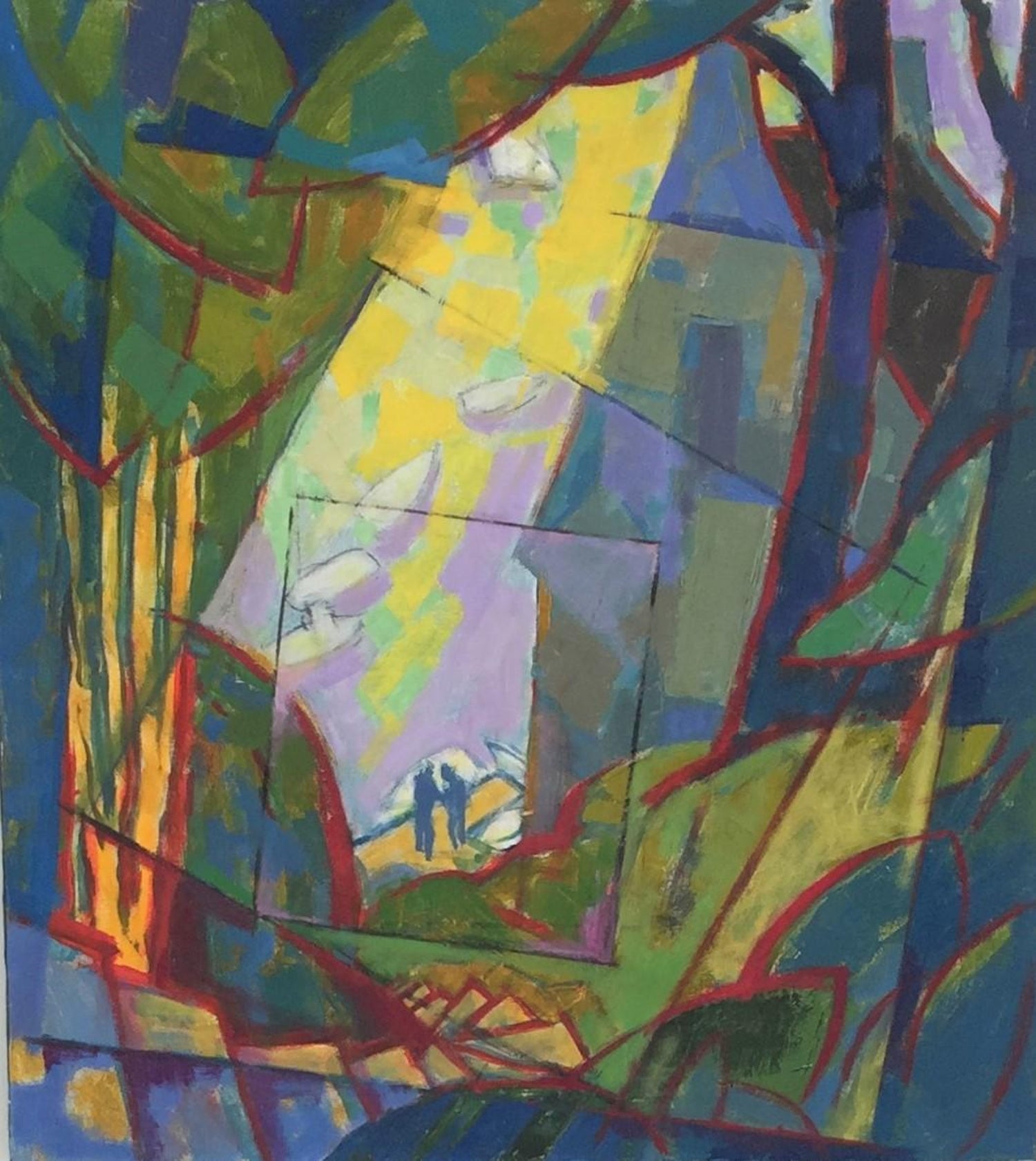 El Balcon, Courting Couple Mexican Modernist Oil Painting