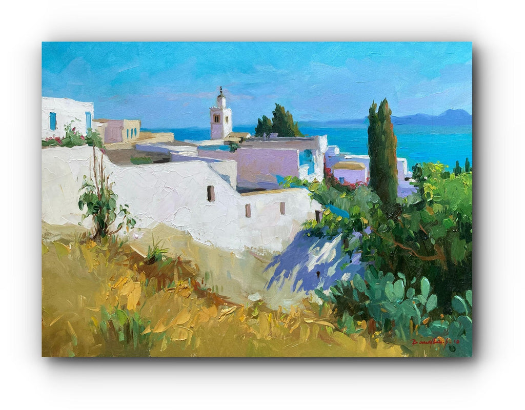 Large Colorful French Oil Painting Greek Island Landscape Flowers George Blouin