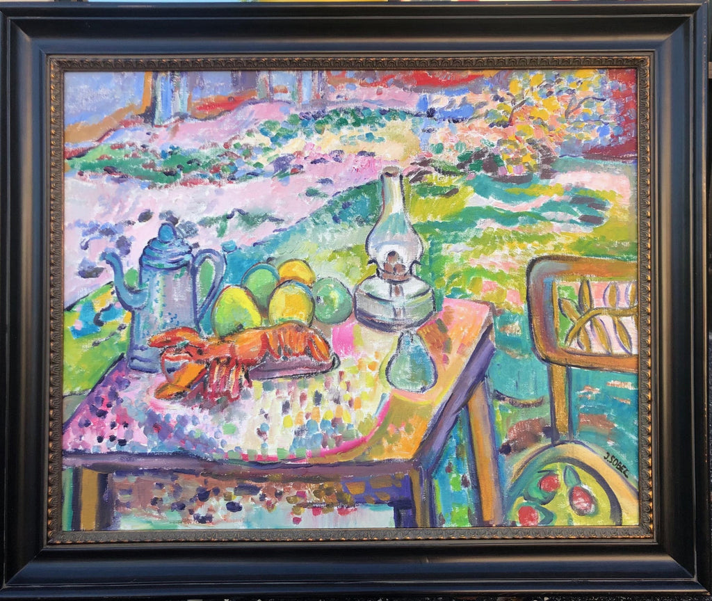 Modernist Oil Painting Still Life Tableaux with Lobster, Pineapple and Clock