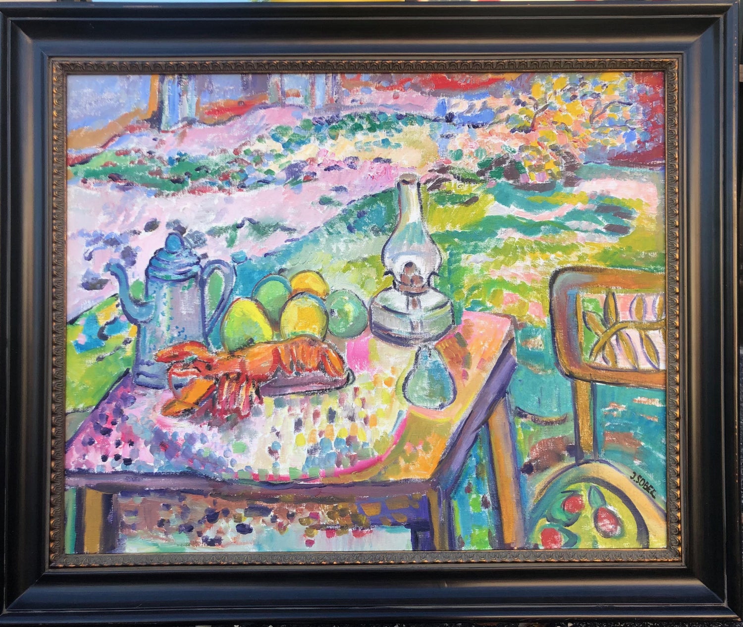 Modernist Oil Painting Still Life Tableaux with Lobster, Pineapple and Clock