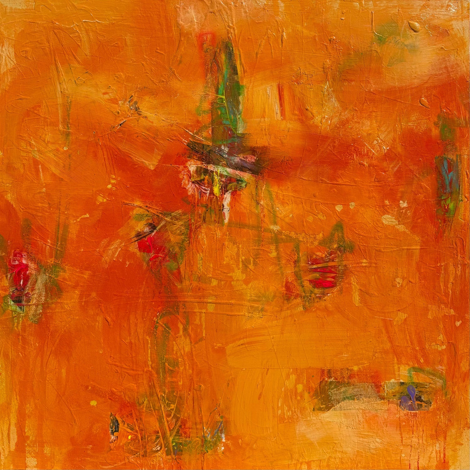Abstract Orange Squares on Yellow "Spain" Stencilled Letters Mod Oil Painting