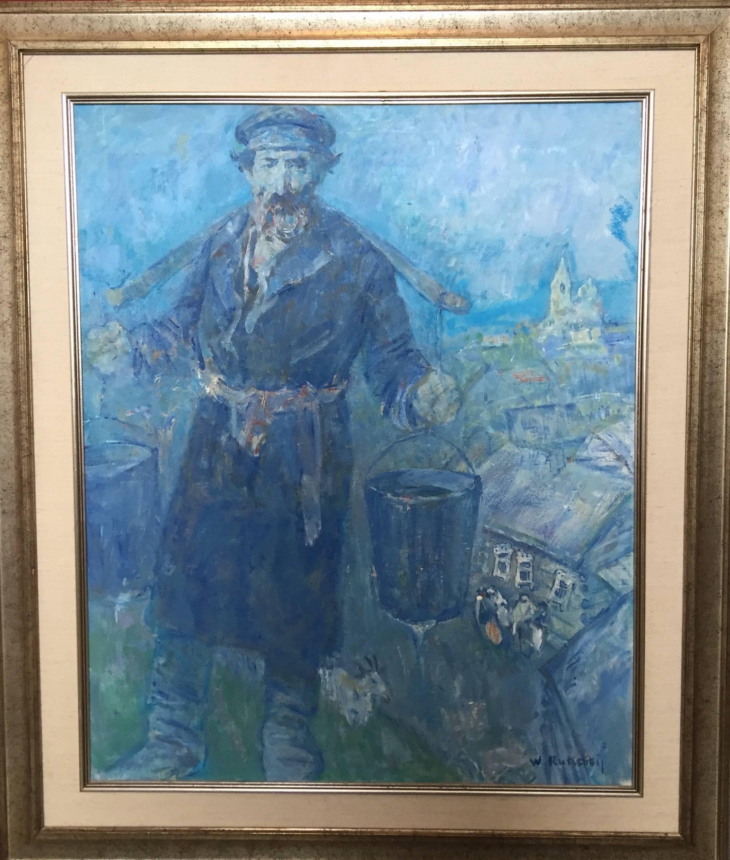 Large Modernist Oil Painting 1940s, Judaica Hasidic Shtetl Wagon Driver WPA Era