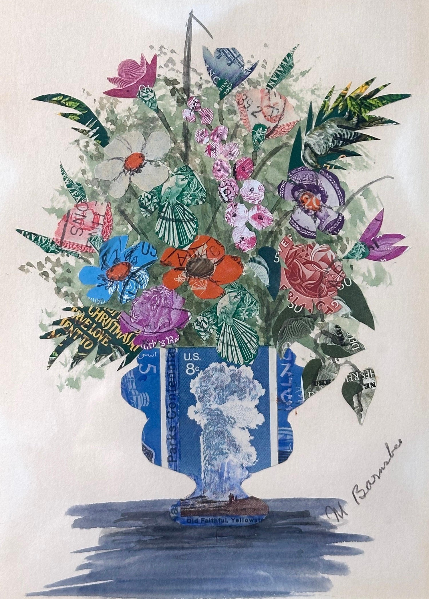 Mixed Media Floral Oil Painting Collage Bouquet of Flowers