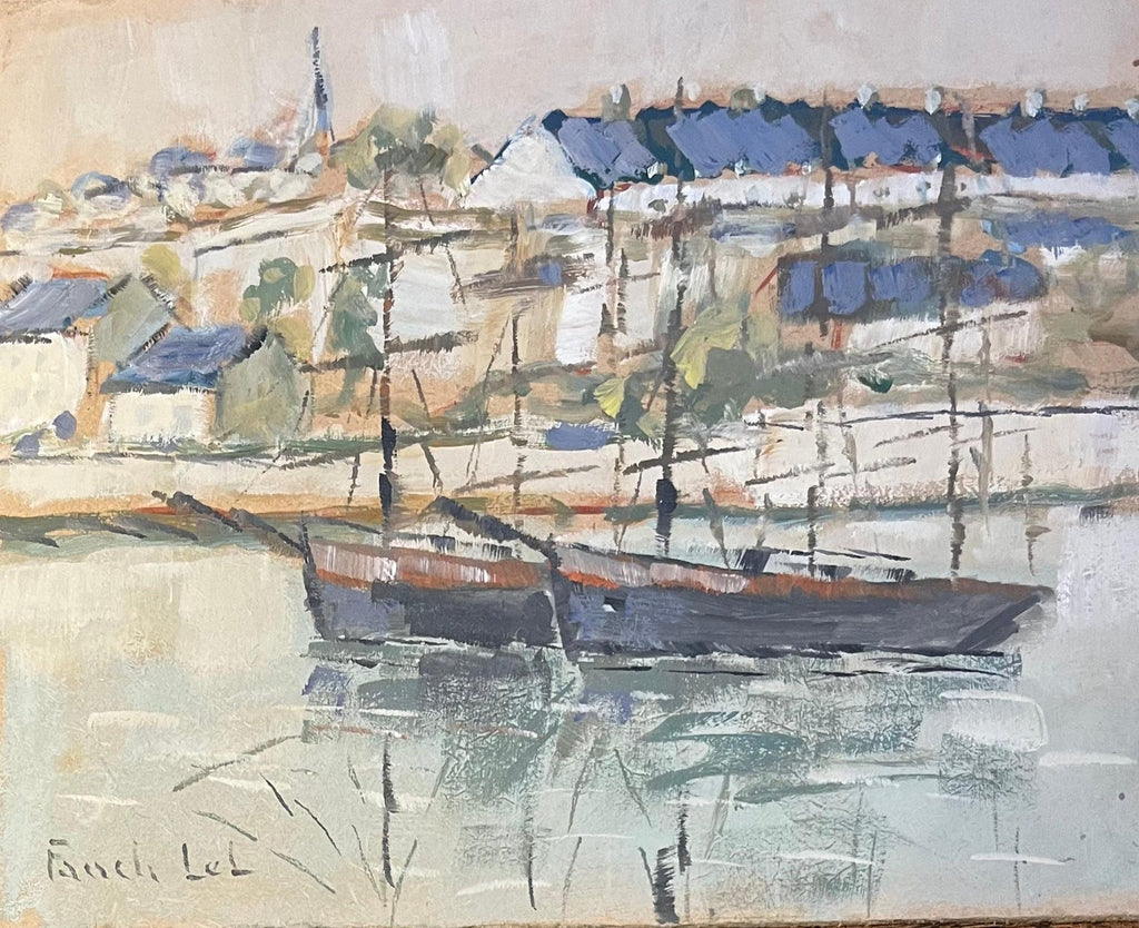 River Walk, American Modernist Oil Painting Landscape with  River and Boats