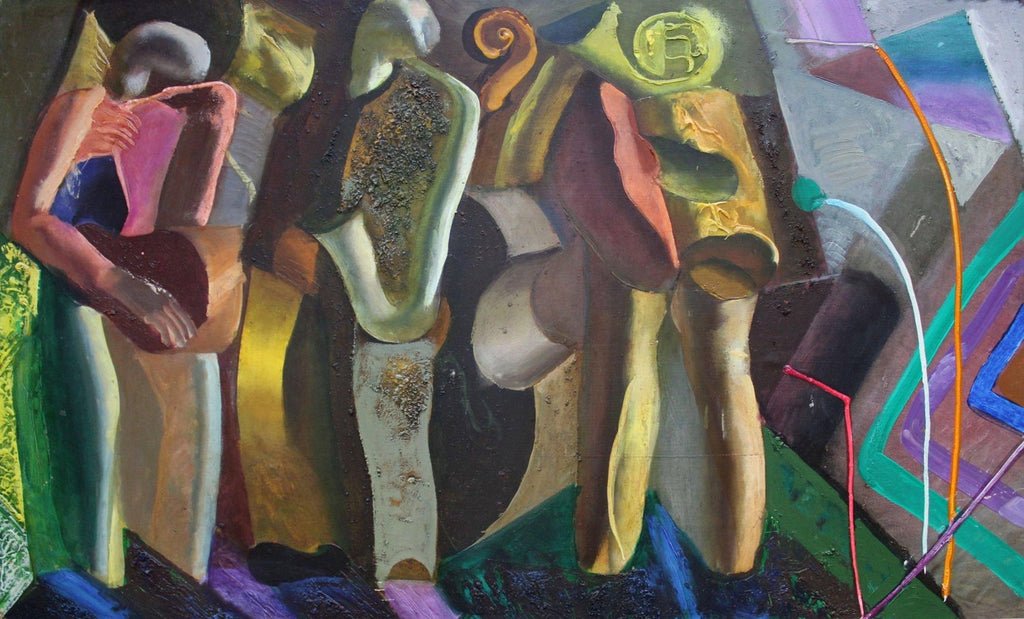 Seymour Remenick Large Modernist Figurative Oil Painting "Folk Singers" Hippies