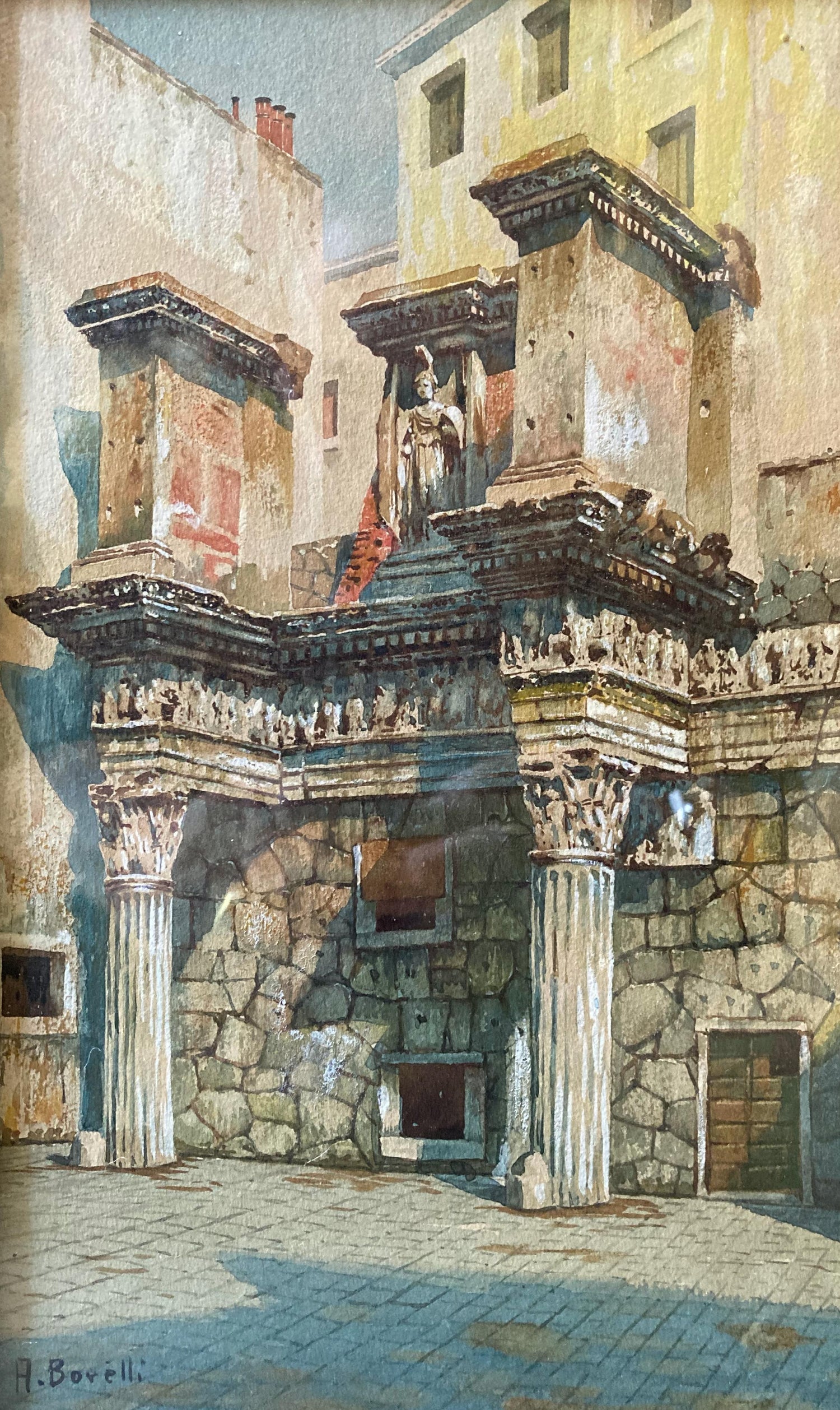 European Architectural Colonnaded Arcade Watercolor Painting