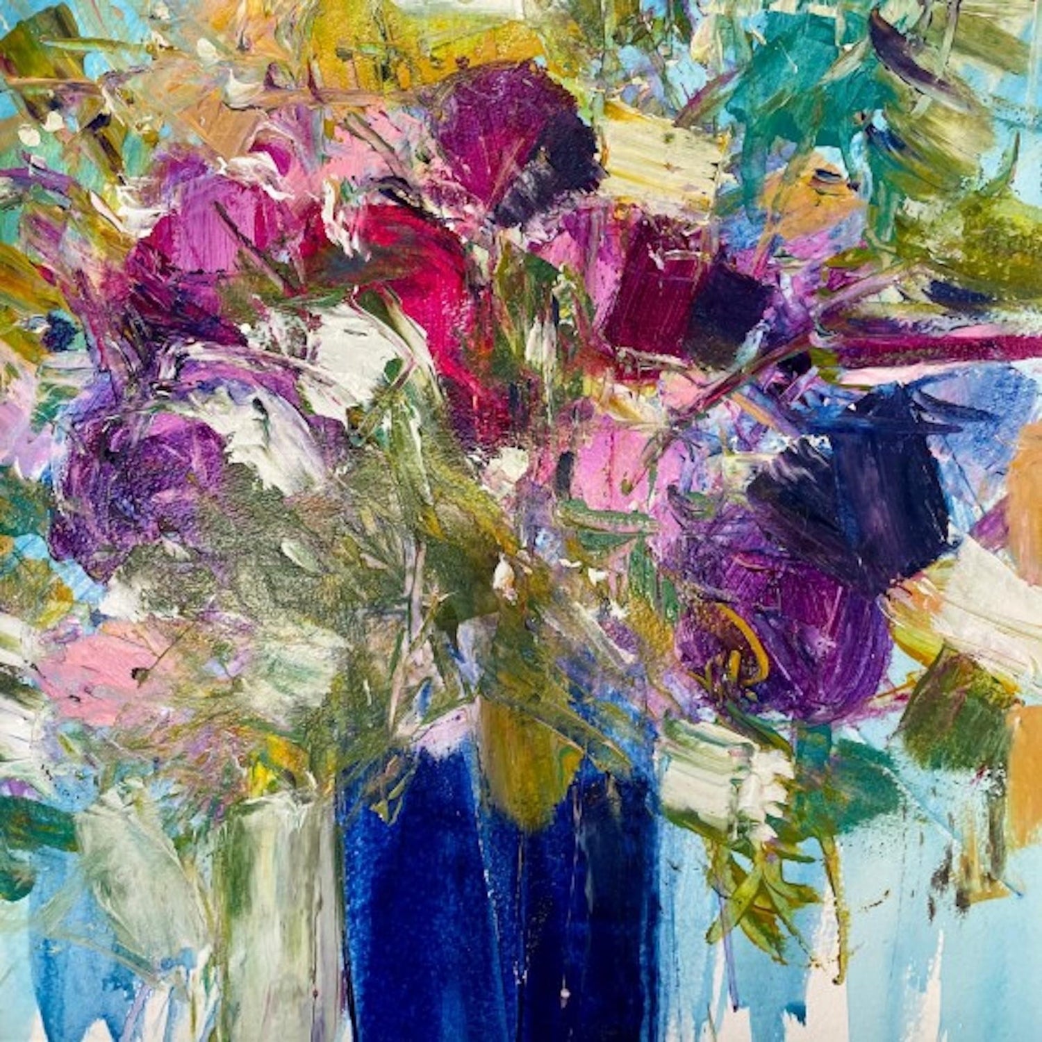 Israeli Large Vibrant Surrealist Flowers Oil Painting