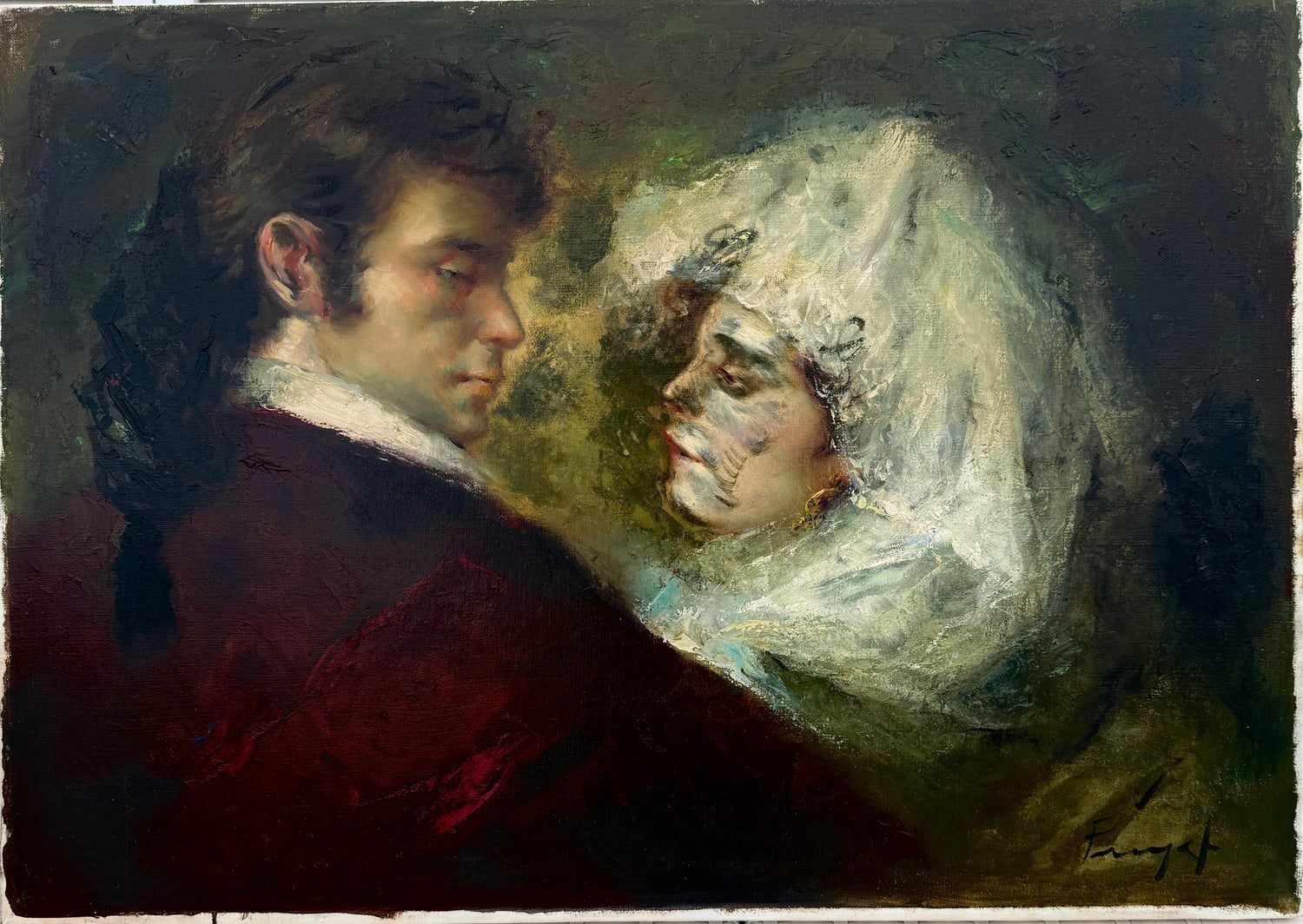 El Balcon, Courting Couple Mexican Modernist Oil Painting
