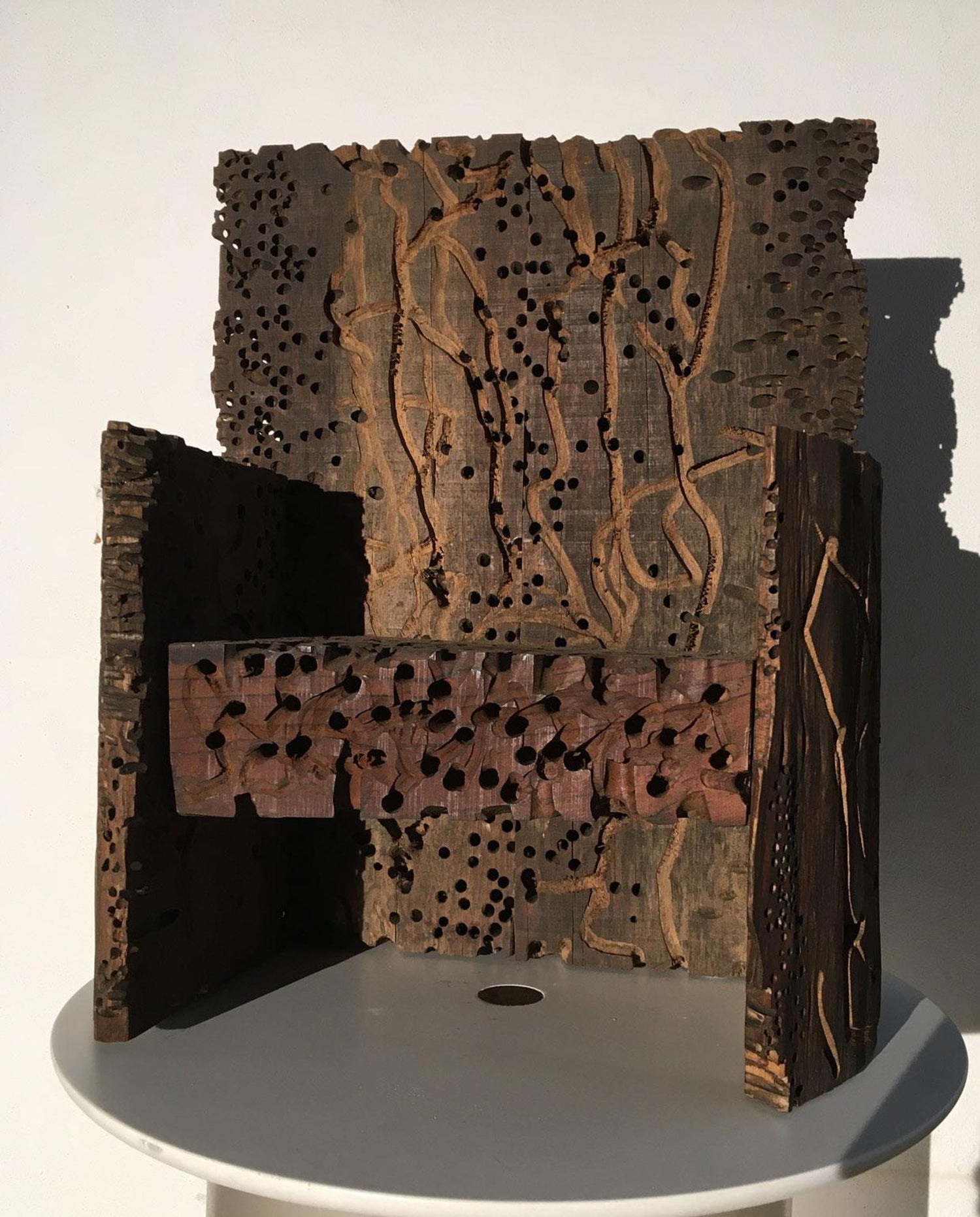 Modernist Detroit Table Sculpture Wood Collage Box Assemblage Americordo Copper