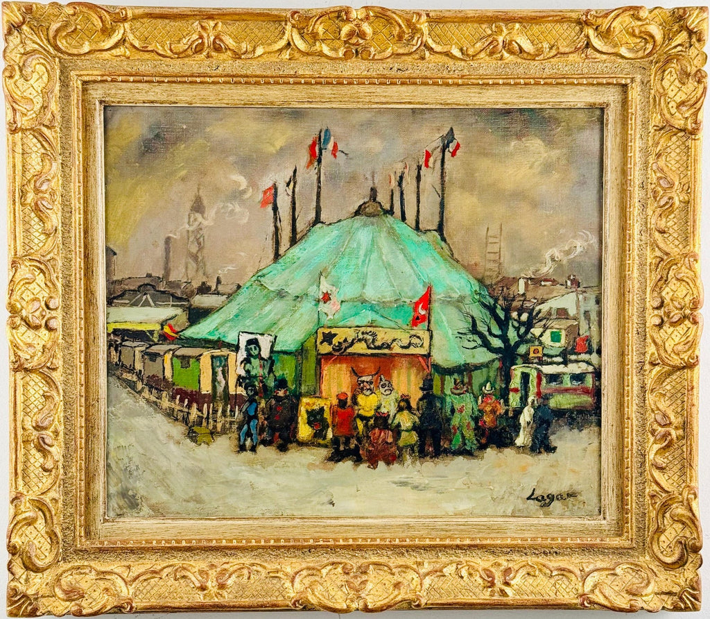 Modernist Oil Painting George Schwacha Carnival Circus Big Top Ferris Wheel WPA