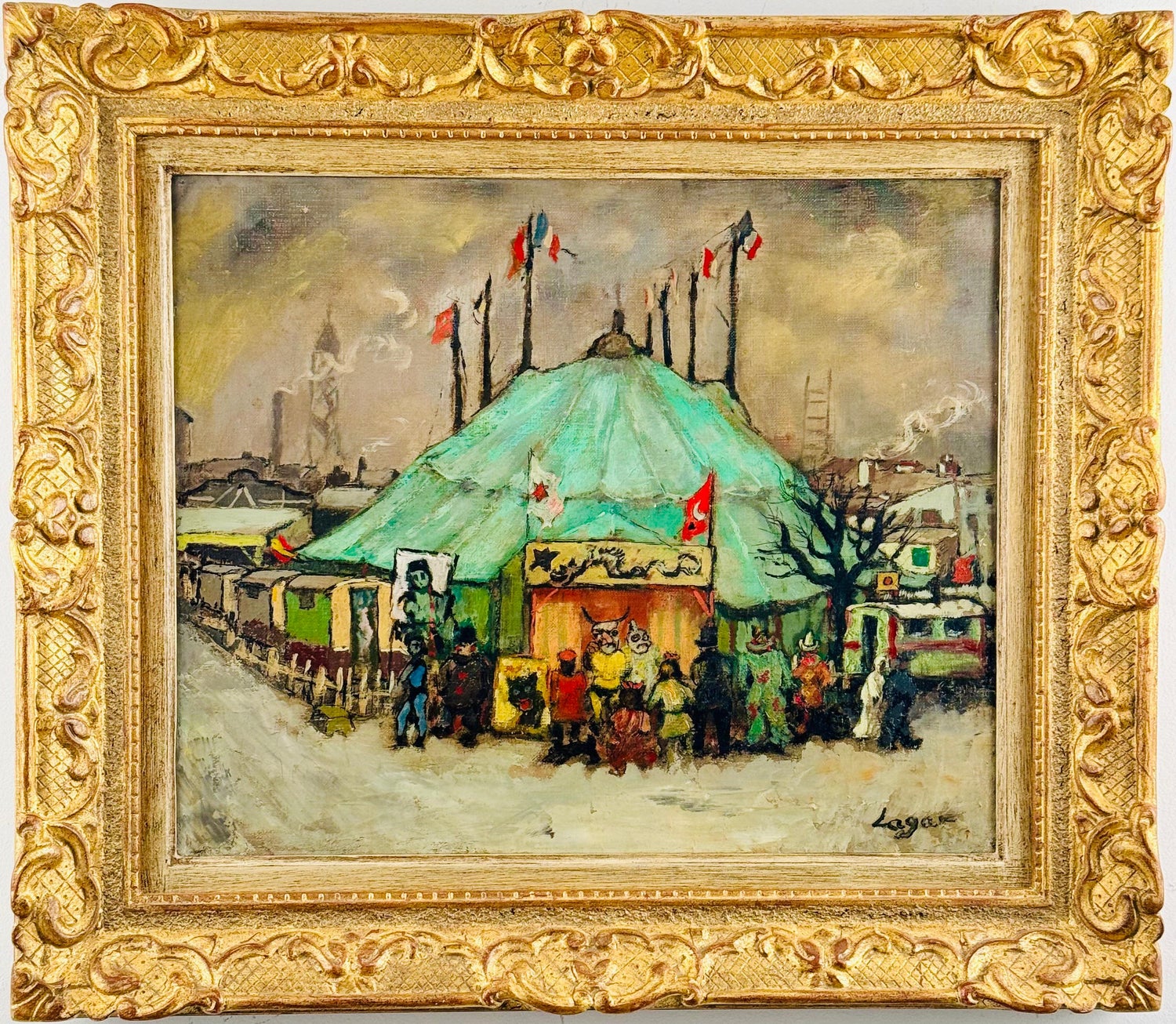 Modernist Oil Painting George Schwacha Carnival Circus Big Top Ferris Wheel WPA