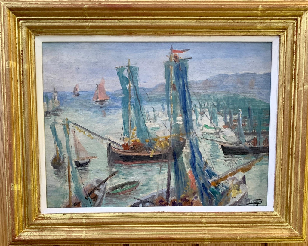 Oil Painting Harbor Scene with Naval Ships Sailors & Boats Hildegarde Hamilton
