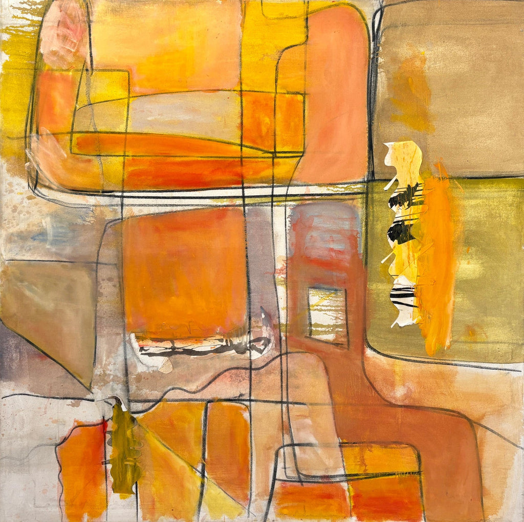 Abstract Orange Squares on Yellow "Spain" Stencilled Letters Mod Oil Painting