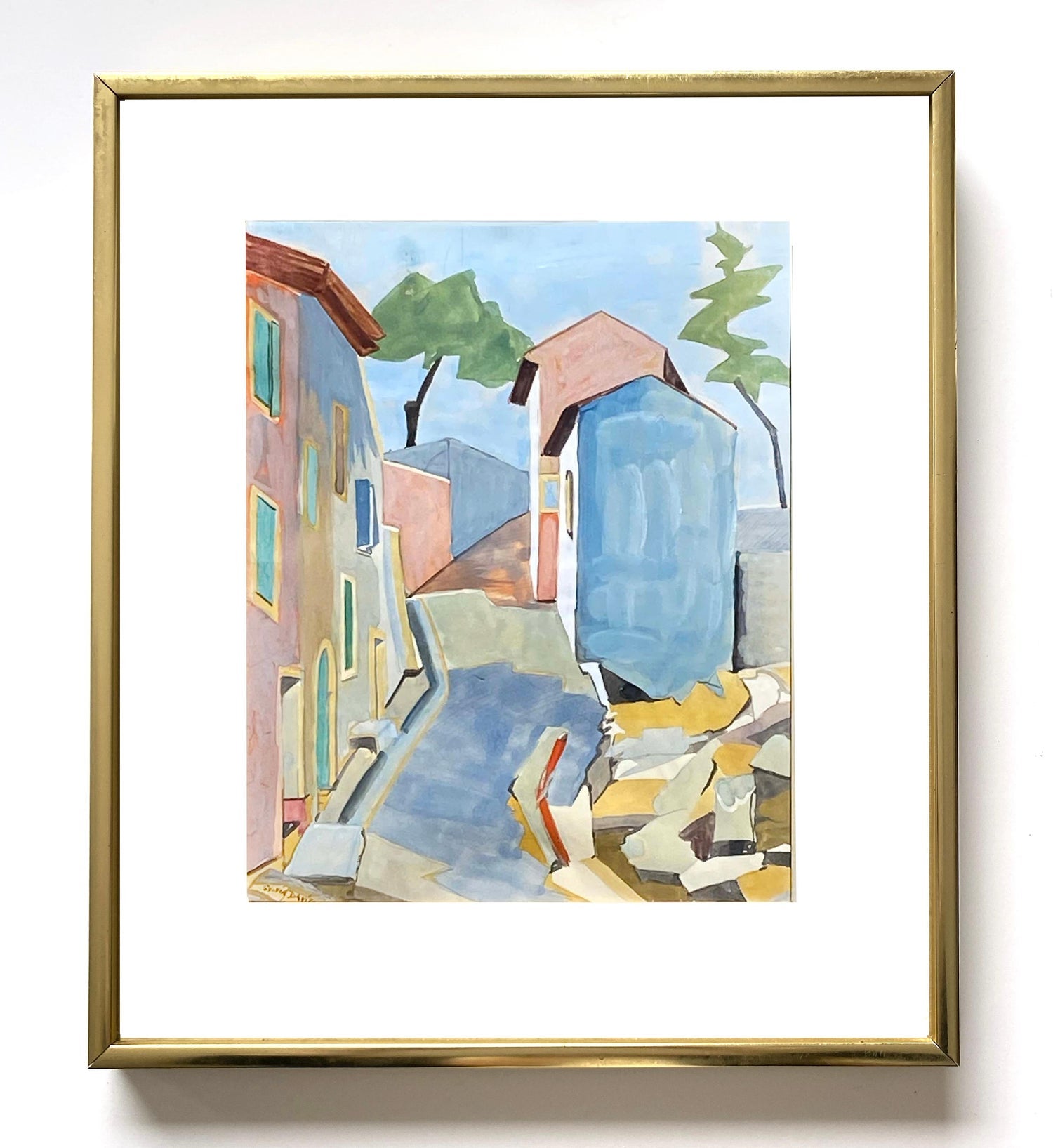 Modernist Landscape 'Portugal' Watercolor Painting