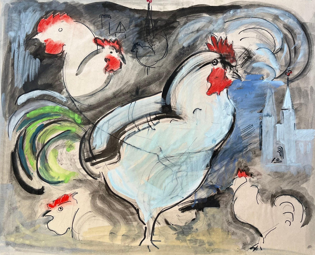 German Israeli Expressionist "Rooster" Batik Style Painting Print on Silk Fabric