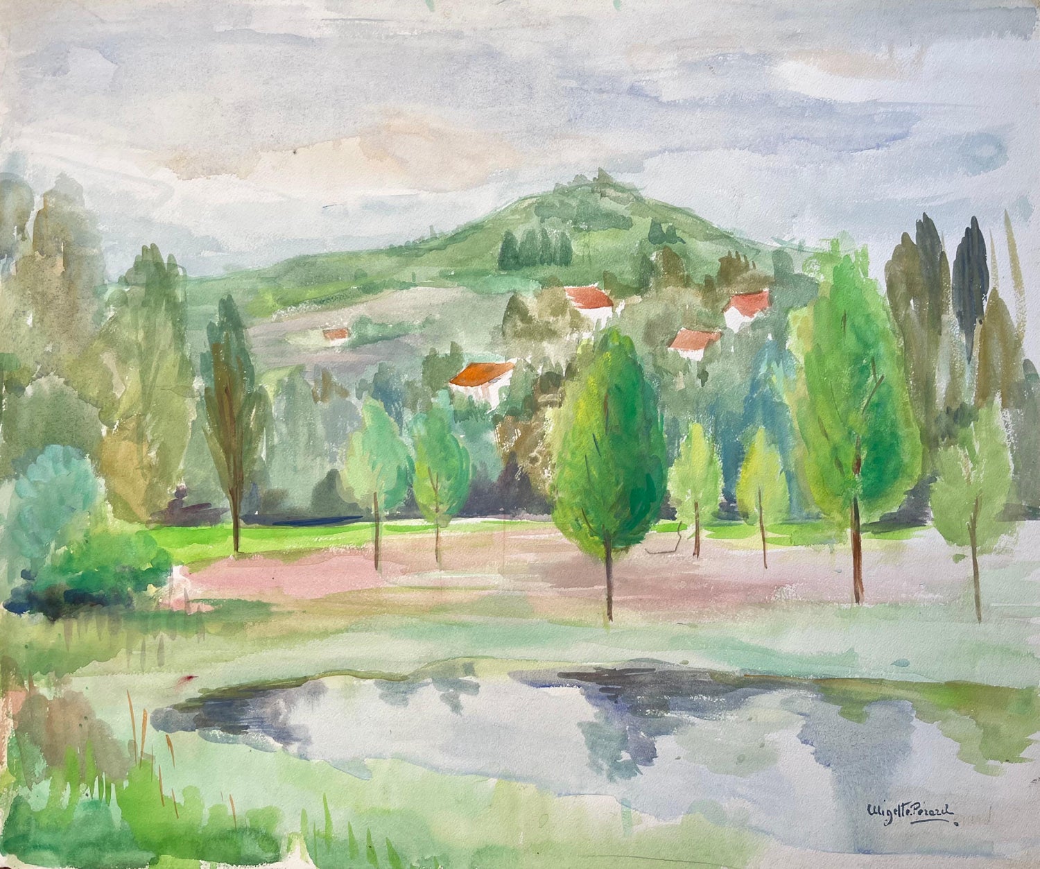 Modernist Landscape 'Portugal' Watercolor Painting