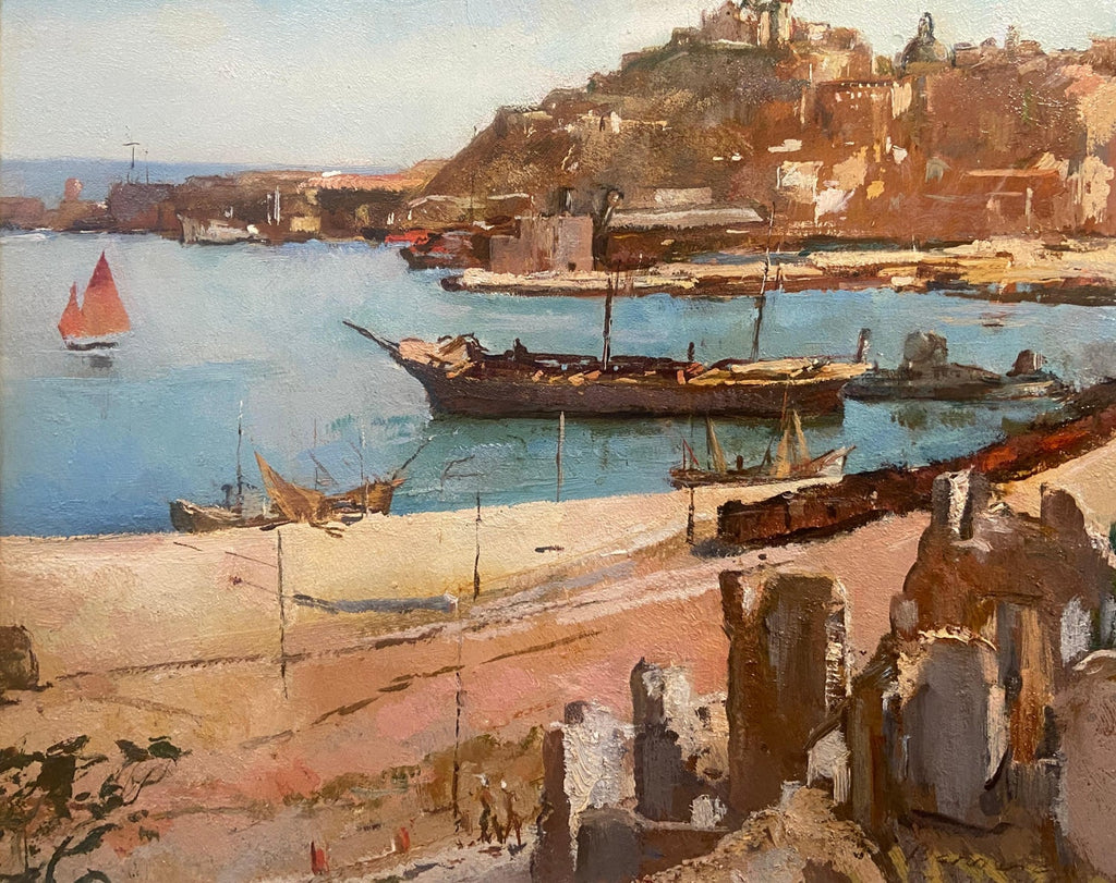 1940s Israeli Modernist Oil Painting Marine Harbor Landscape Bezalel School