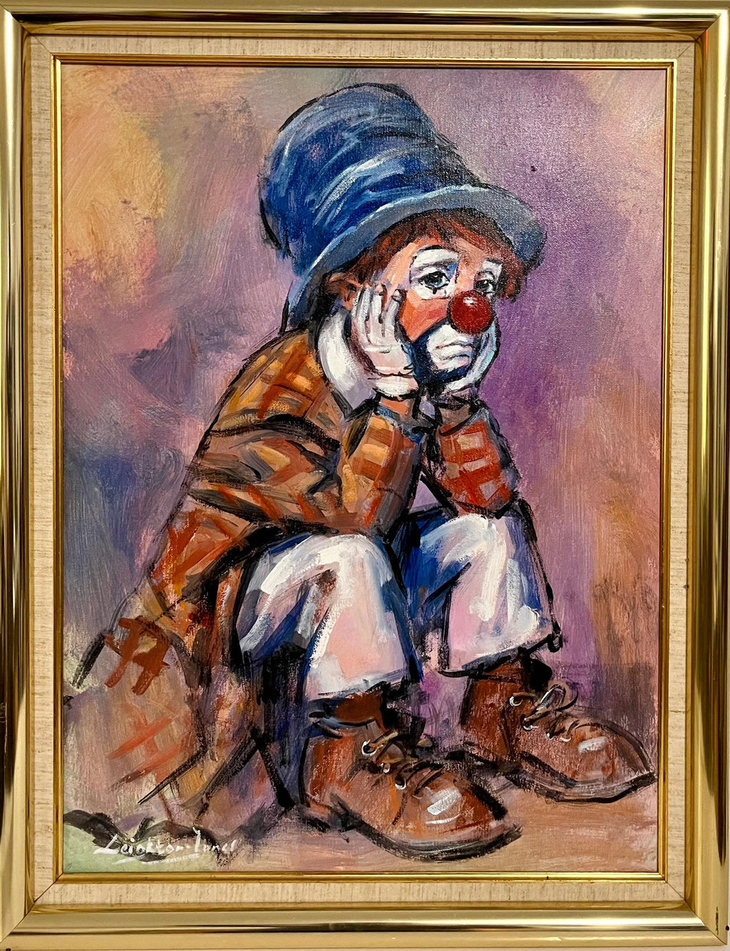 British Sad Clown Boy Oil Painting on Canvas Barry Leighton Jones Circus Scene