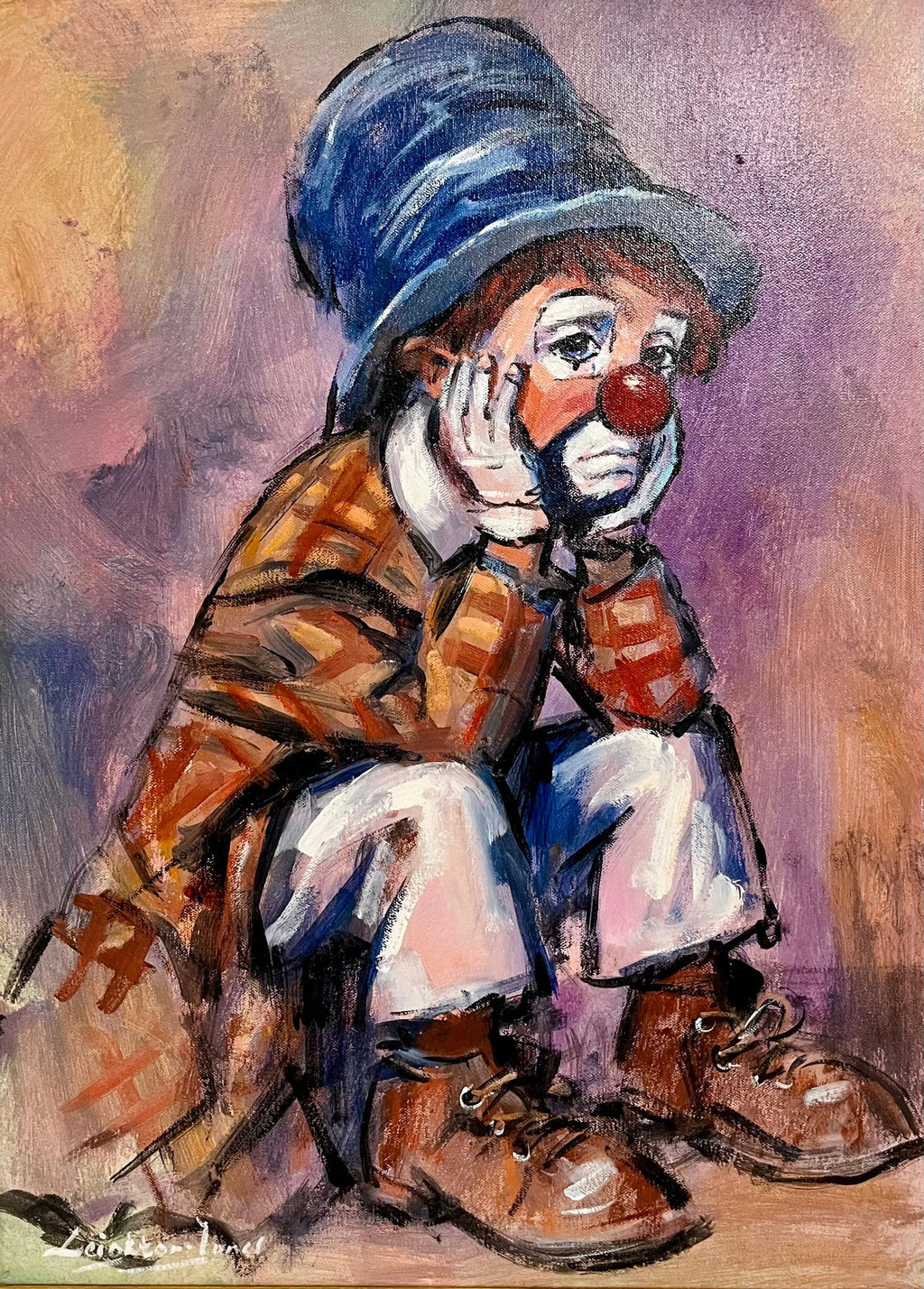British Sad Clown Boy Oil Painting on Canvas Barry Leighton Jones Circus Scene