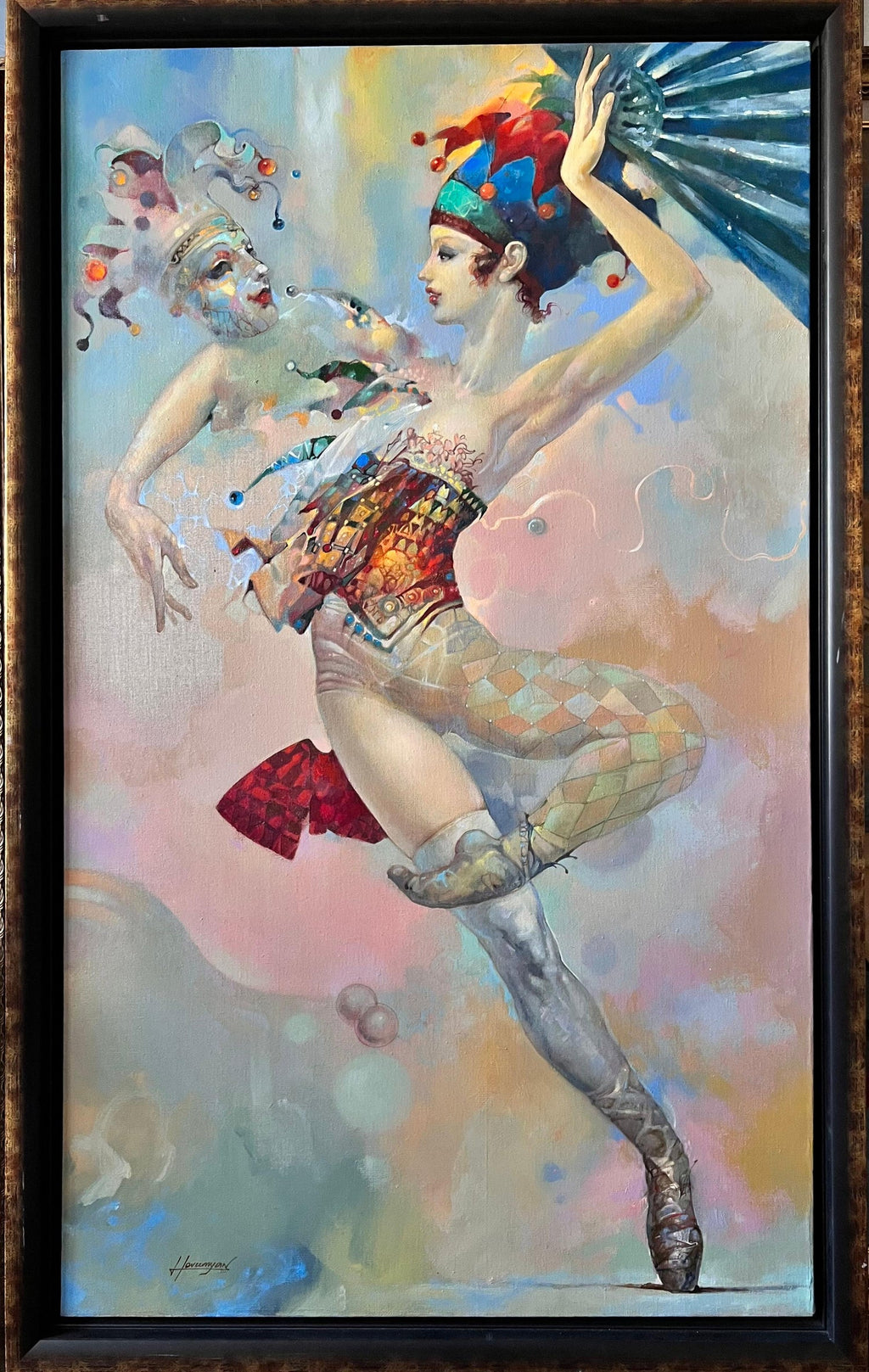 French Mod Surrealist Commedia dell'arte Circus Scene Oil Painting J.P. Serrier