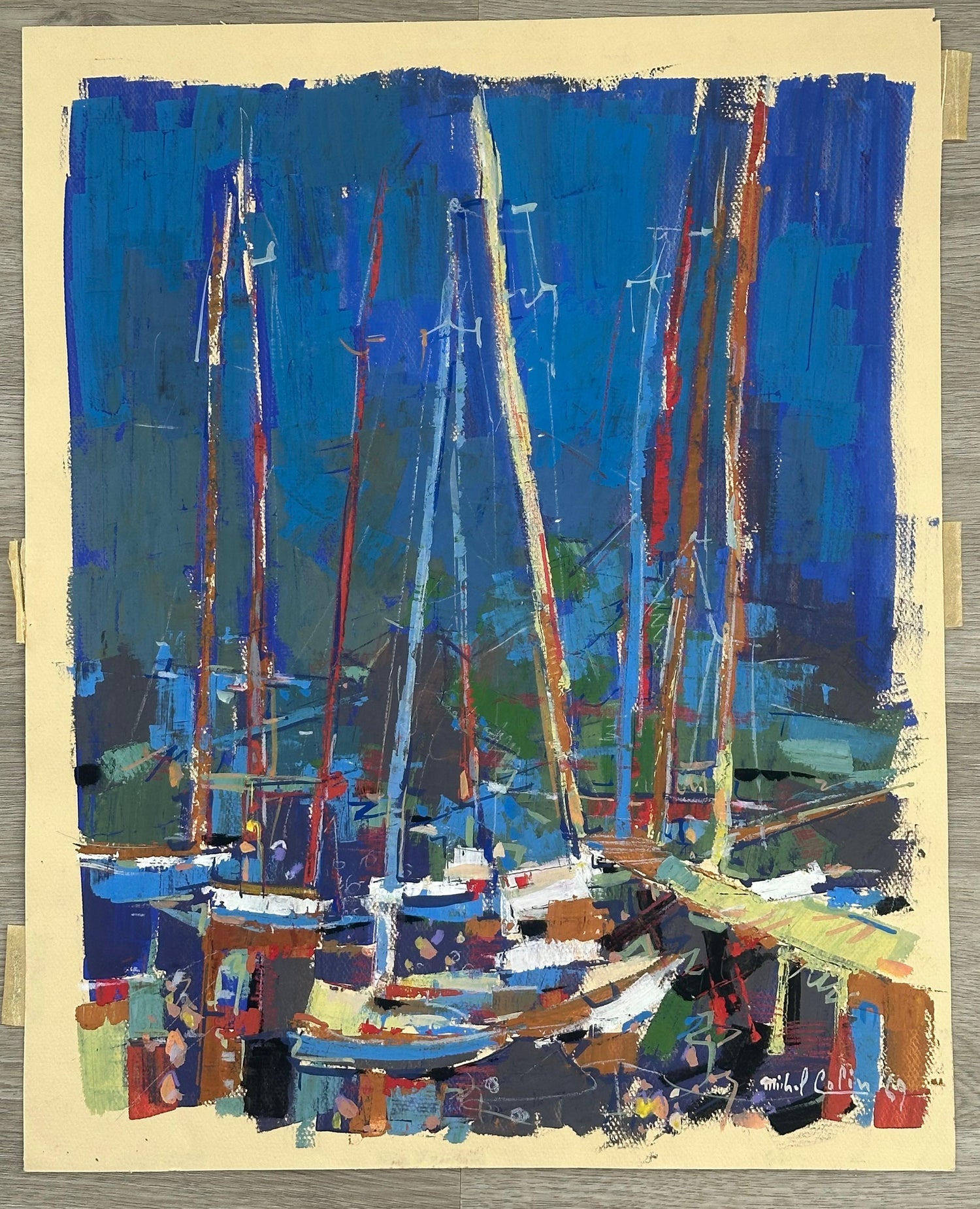 Israeli Modernist Abstract Expressionist Gouache Painting Boats