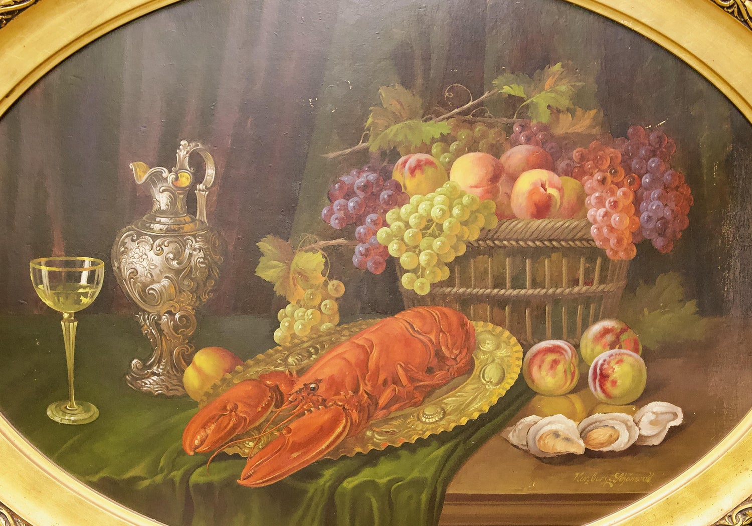 Modernist Oil Painting Still Life Tableaux with Lobster, Pineapple and Clock