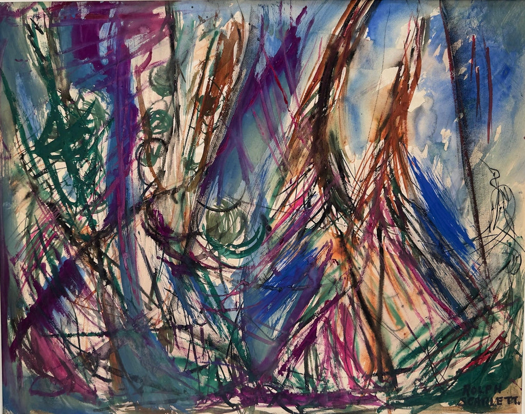 Abstract Expressionist Blue Pastel Drawing Mid Century Modern WPA Jewish Artist