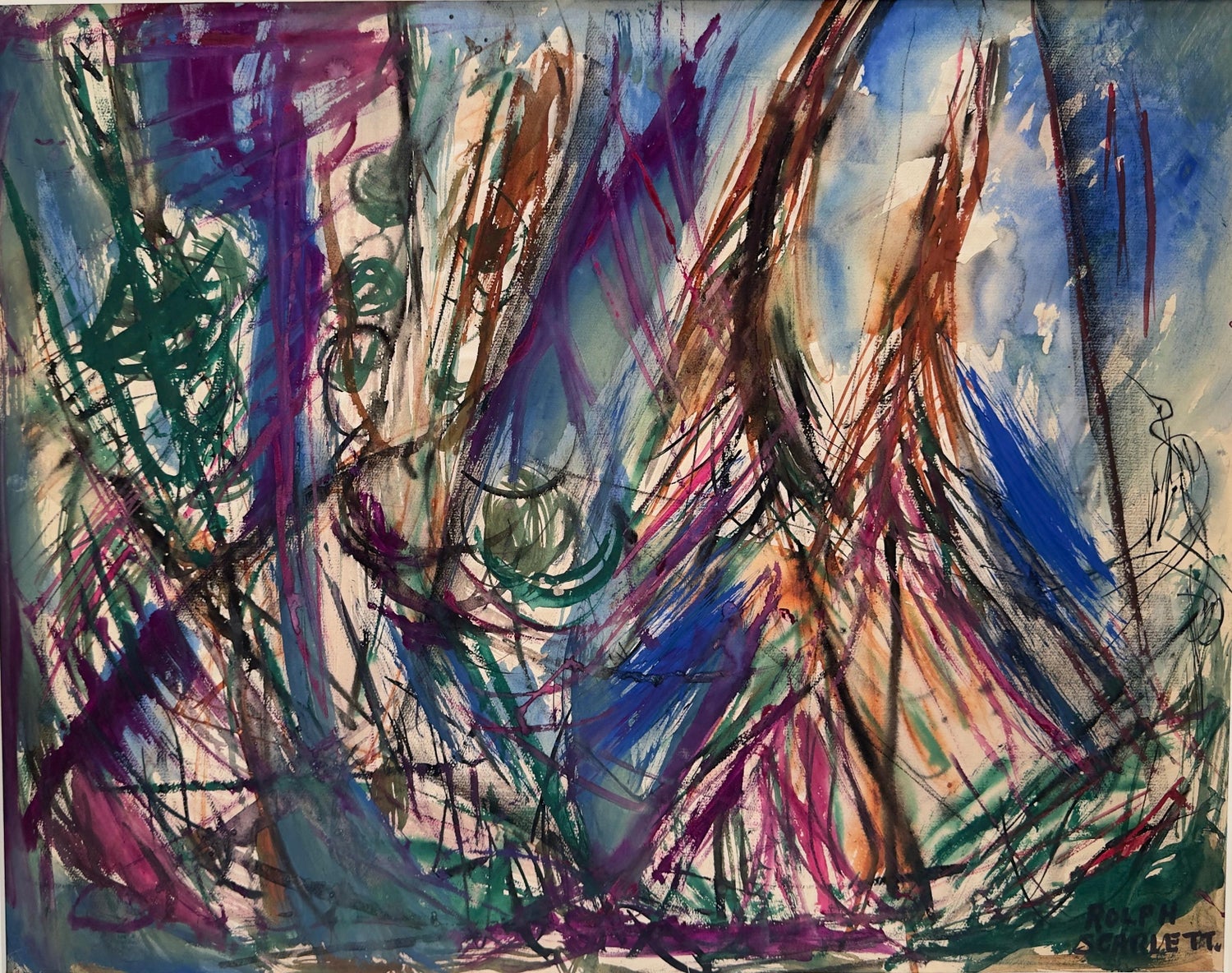 Abstract Expressionist Blue Pastel Drawing Mid Century Modern WPA Jewish Artist