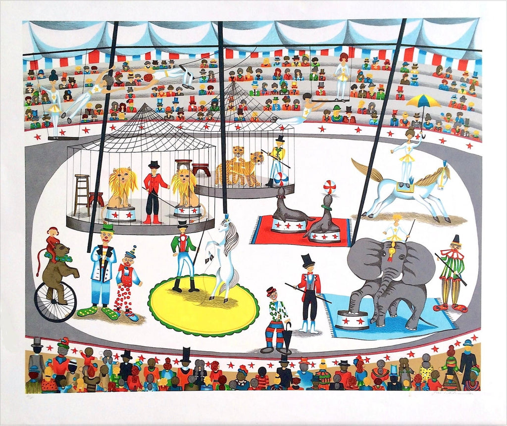 Malcah Zeldis Folk Art Gouache Painting Outsider Artist Circus Fire Eater, Tiger