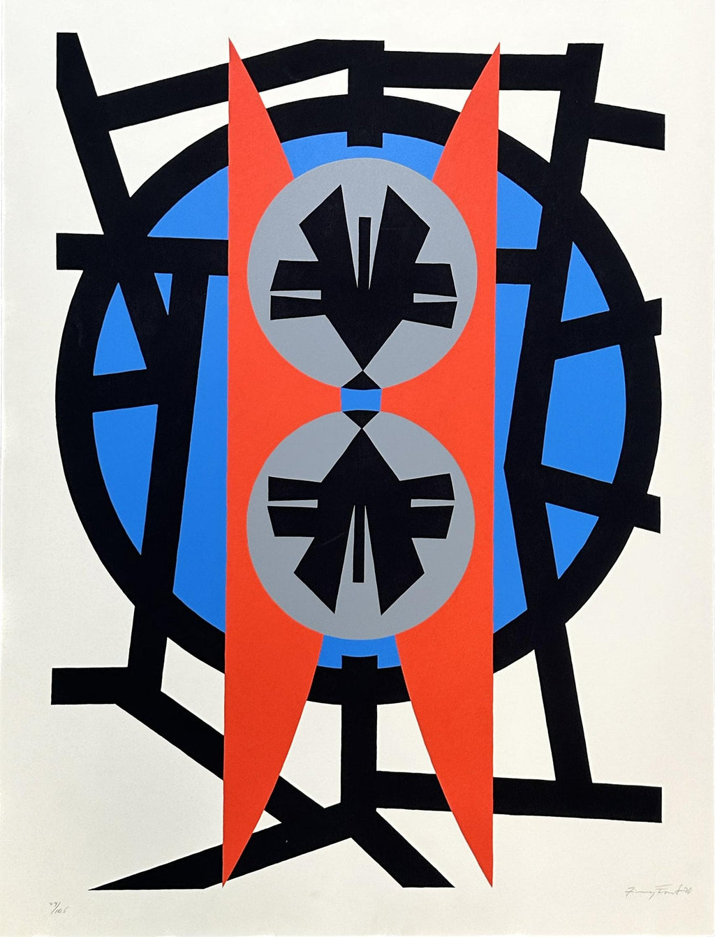 Lithograph w Gloss Overprinting Stacked Signs Post Modern 80s Memphis Milano Era