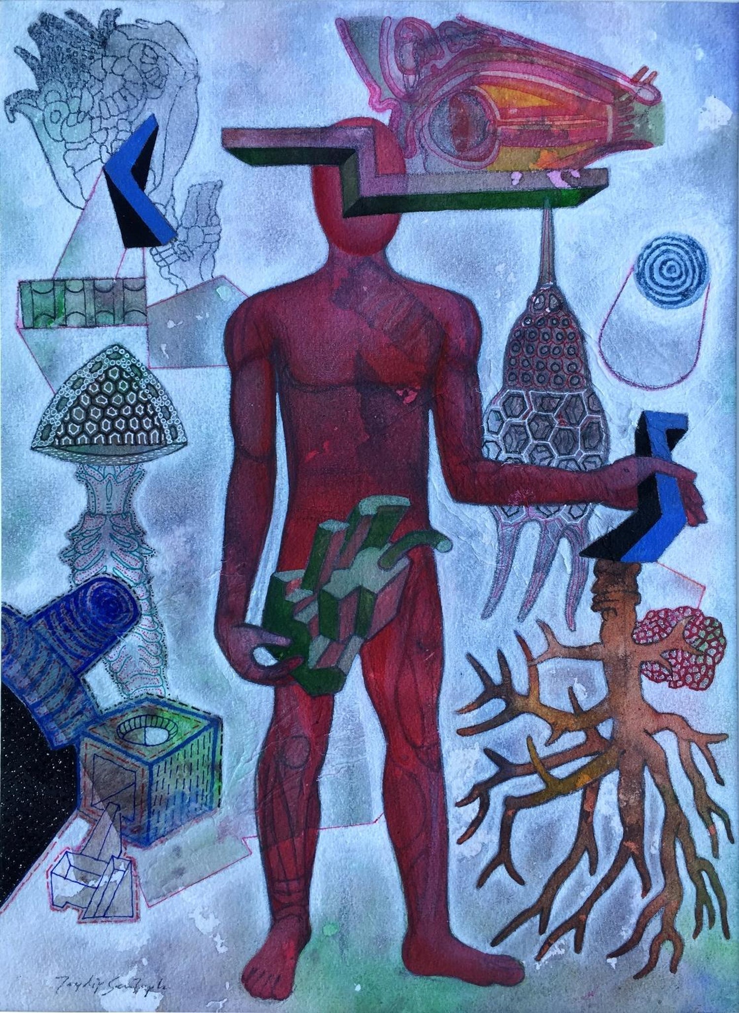 Modern Figurative Surrealism Watercolor Painting, Drawing 'The Fire of my Soul'