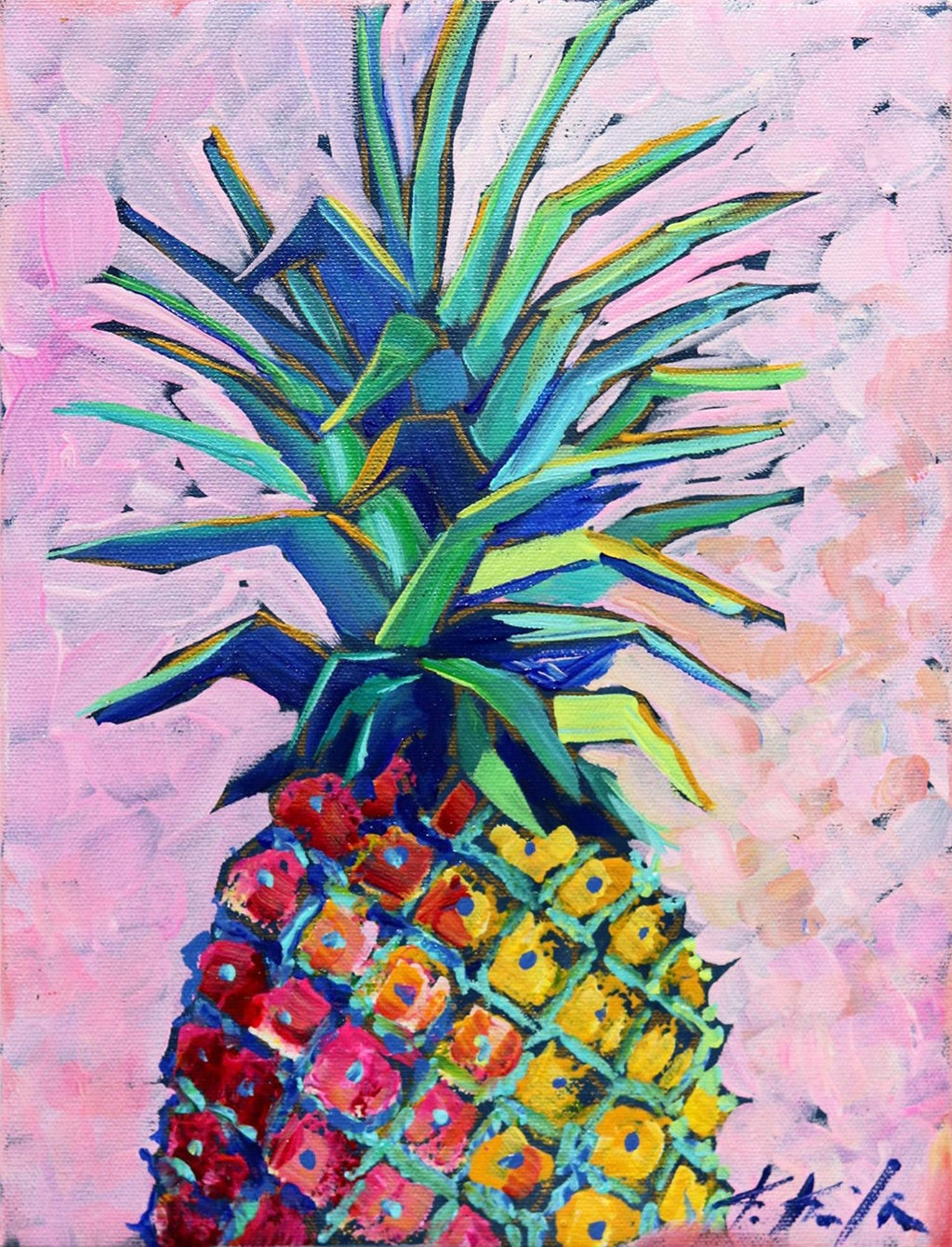 Modernist Oil Painting Still Life Tableaux with Lobster, Pineapple and Clock
