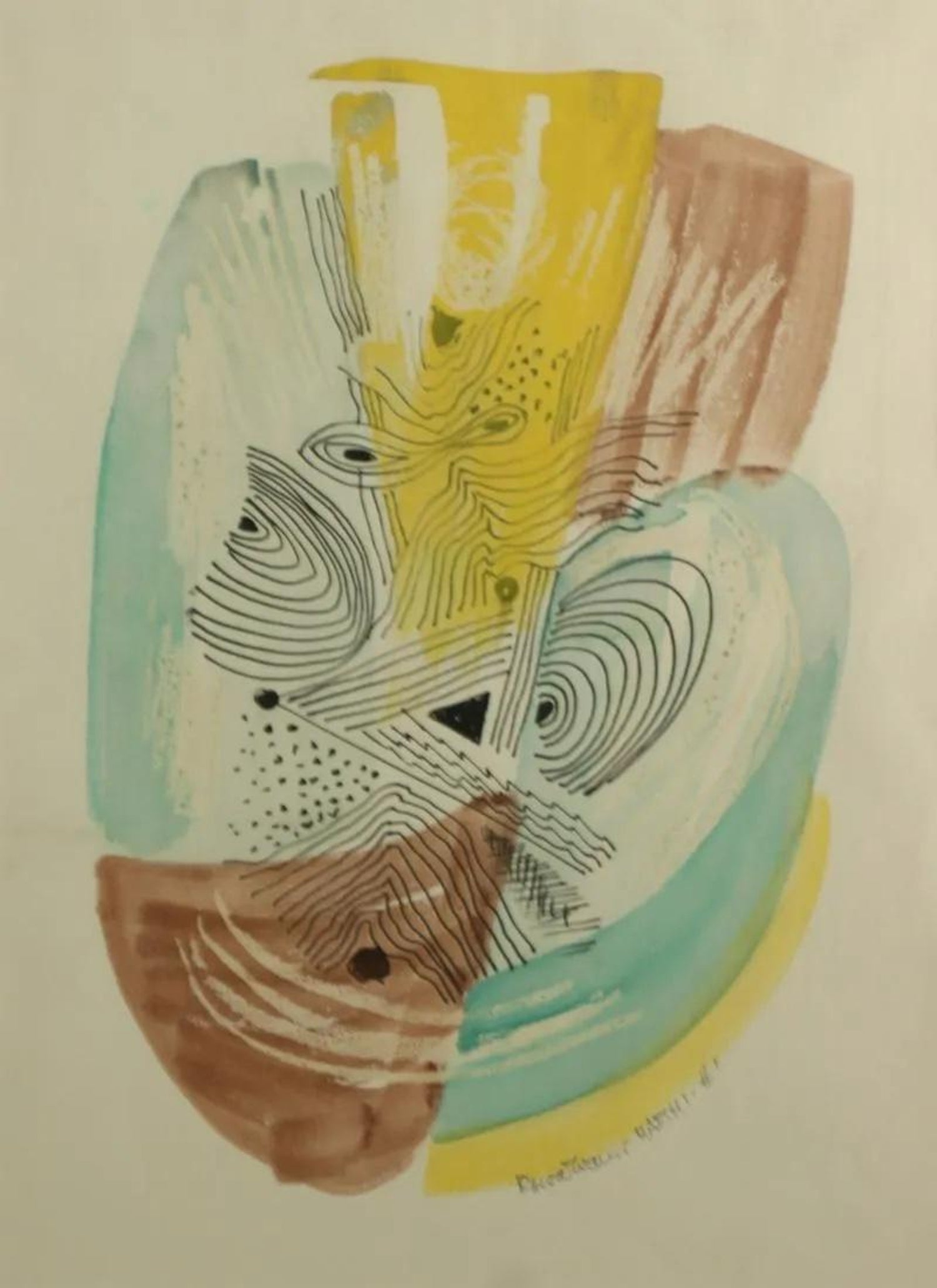 70s Modernist Swiss Dada Surrealist Painting Signed Andre Thomkins Brush Drawing